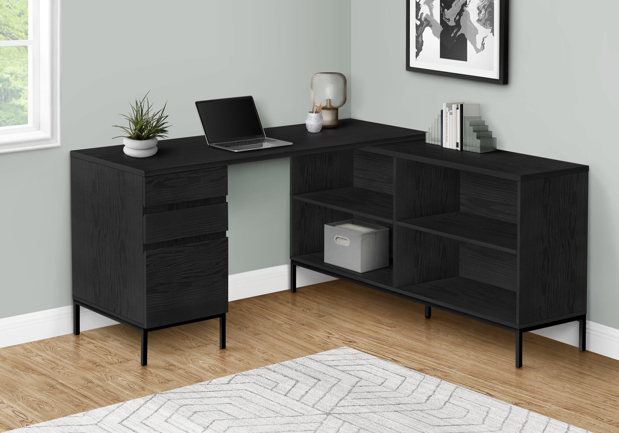 I 7493 Bureau, Bureau À Domicile, Coin, Tiroirs De Rangement, 60"l, Forme De L, Travail, Ordinateur Portable, Métal, Stratifié, Noir, Contemporain, Moderne - Simple Boutique