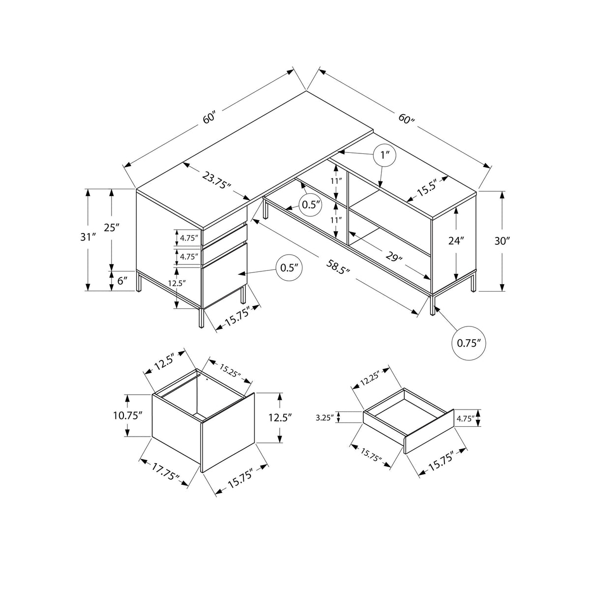 I 7494 Bureau, Bureau À Domicile, Coin, Tiroirs De Rangement, 60"l, Forme De L, Travail, Ordinateur Portable, Métal, Stratifié, Blanc, Noir, Contemporain, Moderne - Simple Boutique