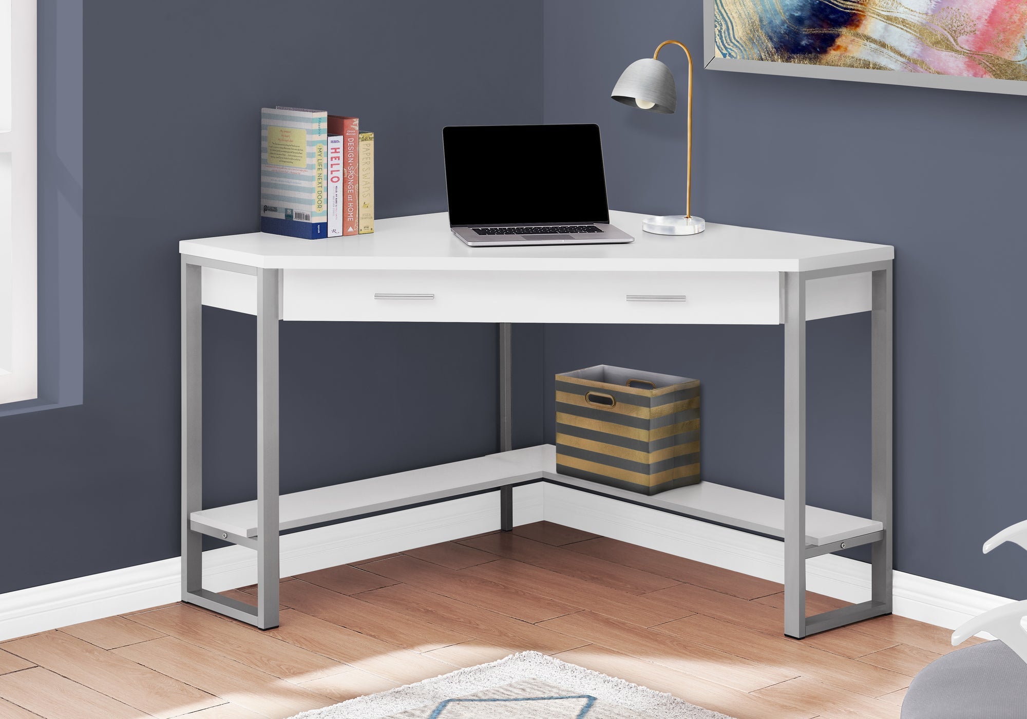 I 7500 Bureau, Bureau À Domicile, Coin, Tiroirs De Rangement, 42"l, Travail, Ordinateur Portable, Métal, Stratifié, Blanc, Gris, Contemporain, Moderne - Simple Boutique