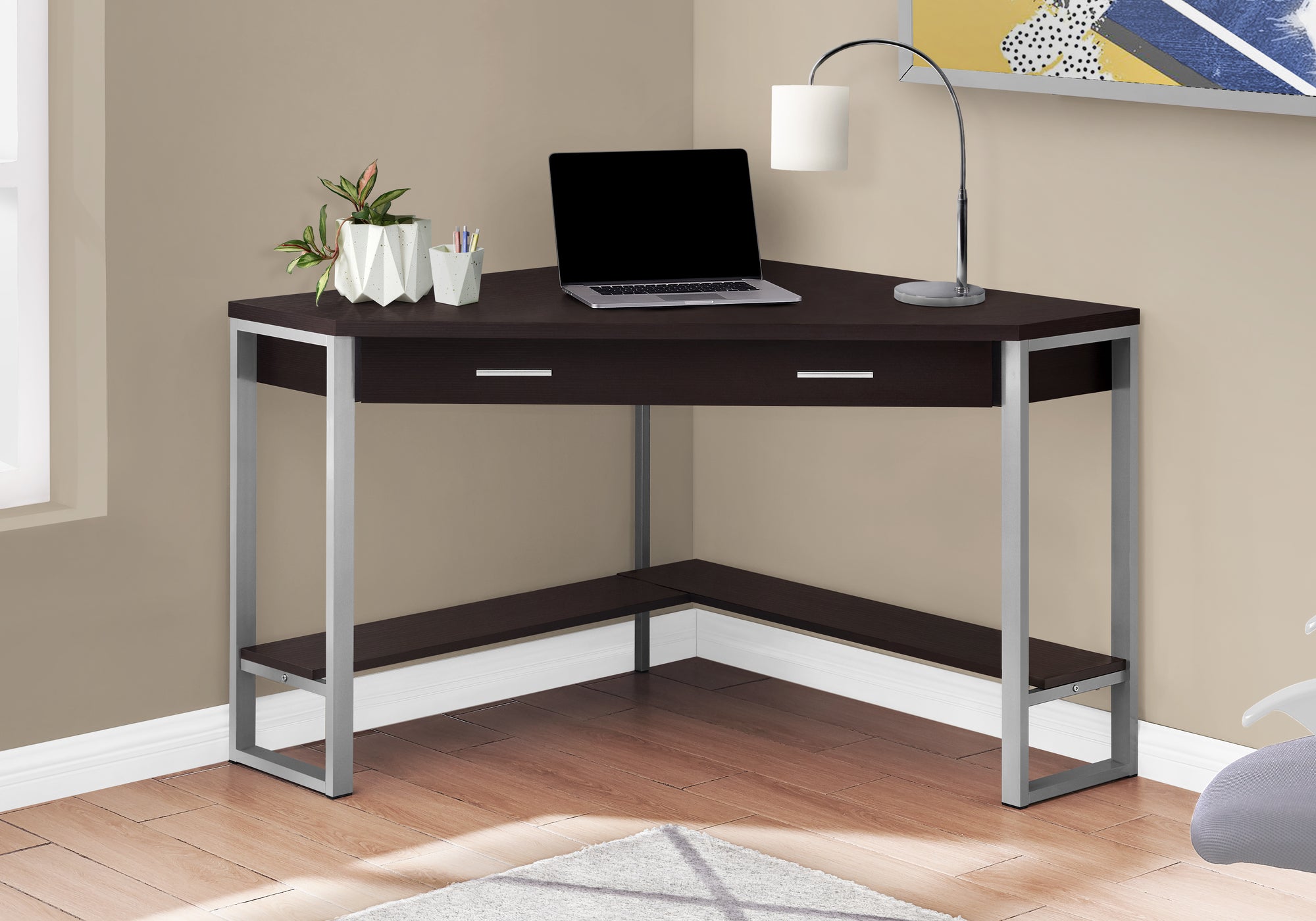 I 7502 Bureau, Bureau À Domicile, Coin, Tiroirs De Rangement, 42"l, Travail, Ordinateur Portable, Métal, Stratifié, Brun, Gris, Contemporain, Moderne - Simple Boutique