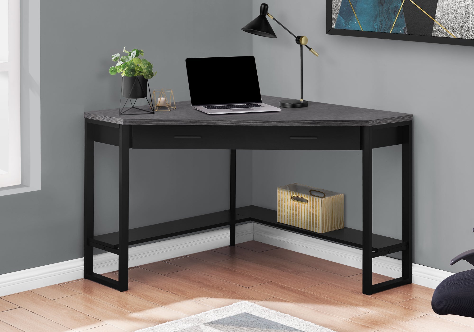 I 7503 Bureau, Bureau À Domicile, Coin, Tiroirs De Rangement, 42"l, Travail, Ordinateur Portable, Métal, Stratifié, Noir, Gris, Contemporain, Moderne - Simple Boutique