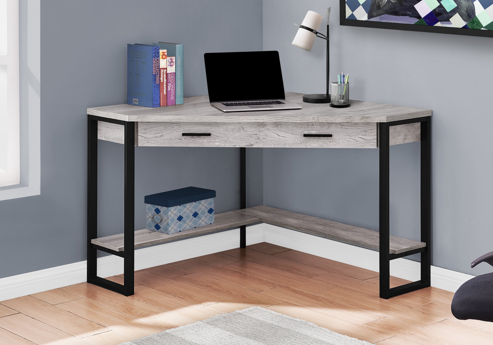 I 7505 Bureau, Bureau À Domicile, Coin, Tiroirs De Rangement, 42"l, Travail, Ordinateur Portable, Métal, Stratifié, Gris, Noir, Contemporain, Moderne - Simple Boutique