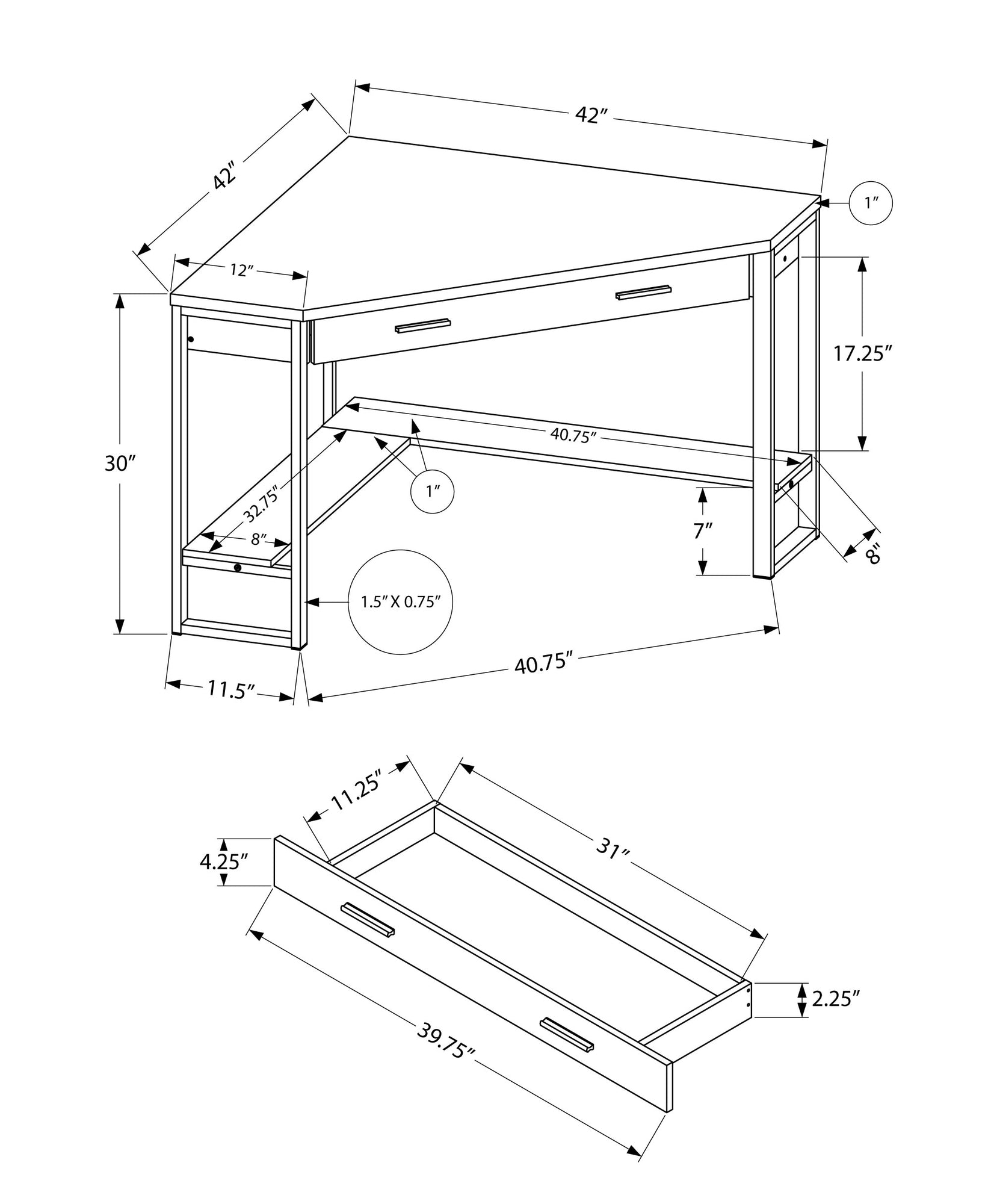 I 7507 Bureau, Bureau À Domicile, Coin, Tiroirs De Rangement, 42"l, Travail, Ordinateur Portable, Métal, Stratifié, Noir, Contemporain, Moderne - Simple Boutique