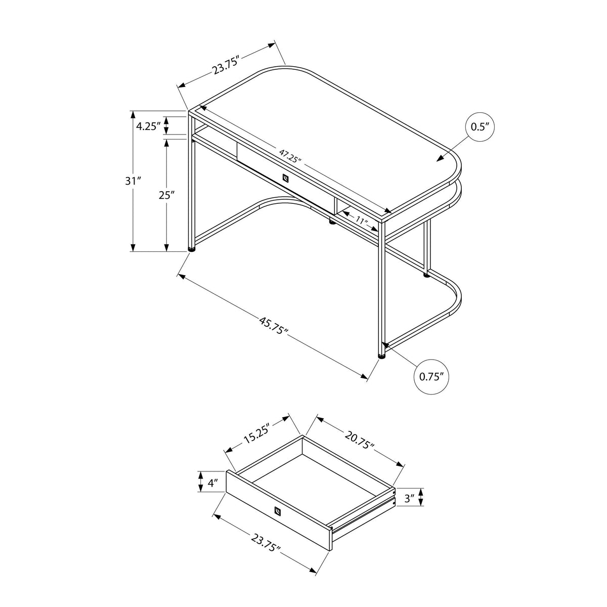 I 7520 Bureau, Bureau À Domicile, Ordinateur Portable, Tiroirs De Rangement, 48"l, Travail, Métal, Stratifié, Blanc, Chrome, Contemporain, Moderne - Simple Boutique