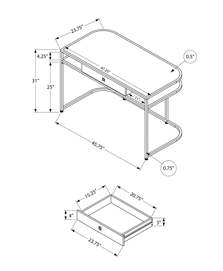 I 7520 Bureau, Bureau À Domicile, Ordinateur Portable, Tiroirs De Rangement, 48"l, Travail, Métal, Stratifié, Blanc, Chrome, Contemporain, Moderne - Simple Boutique