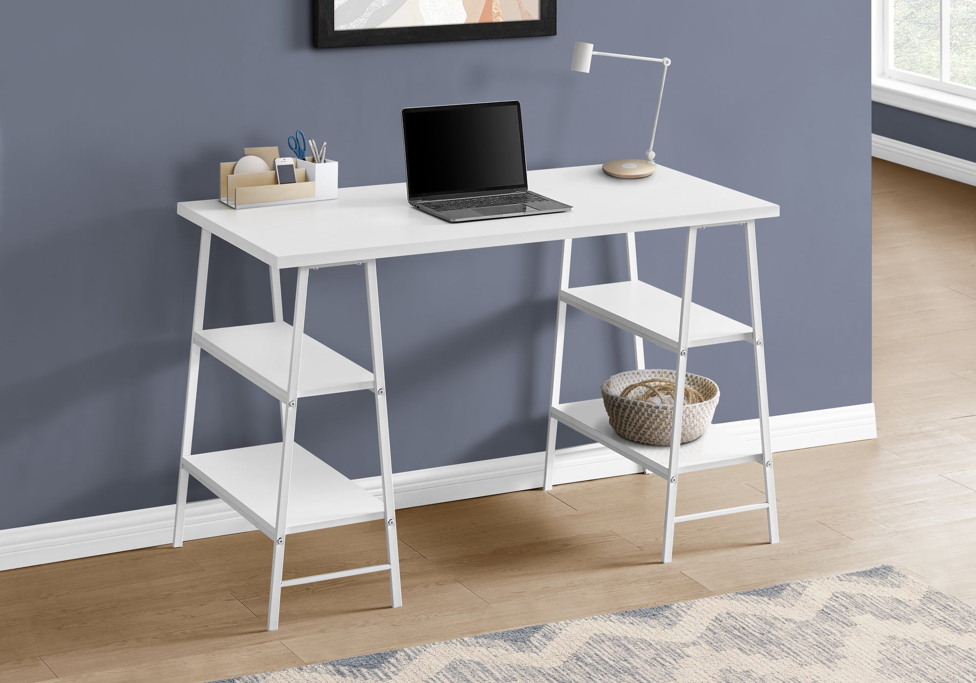I 7521 Bureau, Bureau À Domicile, Ordinateur Portable, Étagères De Rangement, 48"l, Travail, Métal, Stratifié, Blanc, Contemporain, Moderne - Simple Boutique