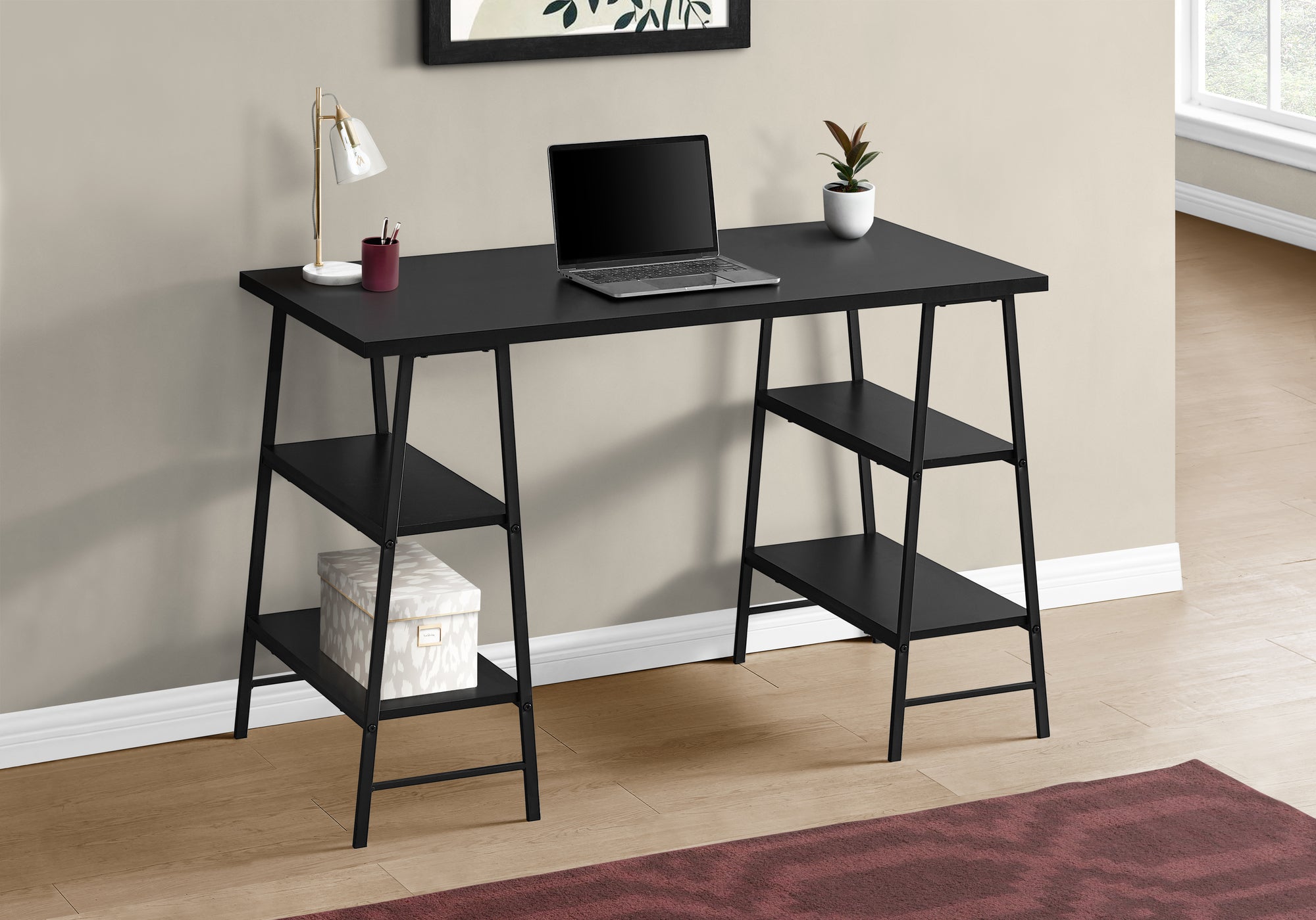 I 7522 Bureau, Bureau À Domicile, Ordinateur Portable, Étagères De Rangement, 48"l, Travail, Métal, Stratifié, Noir, Contemporain, Moderne - Simple Boutique