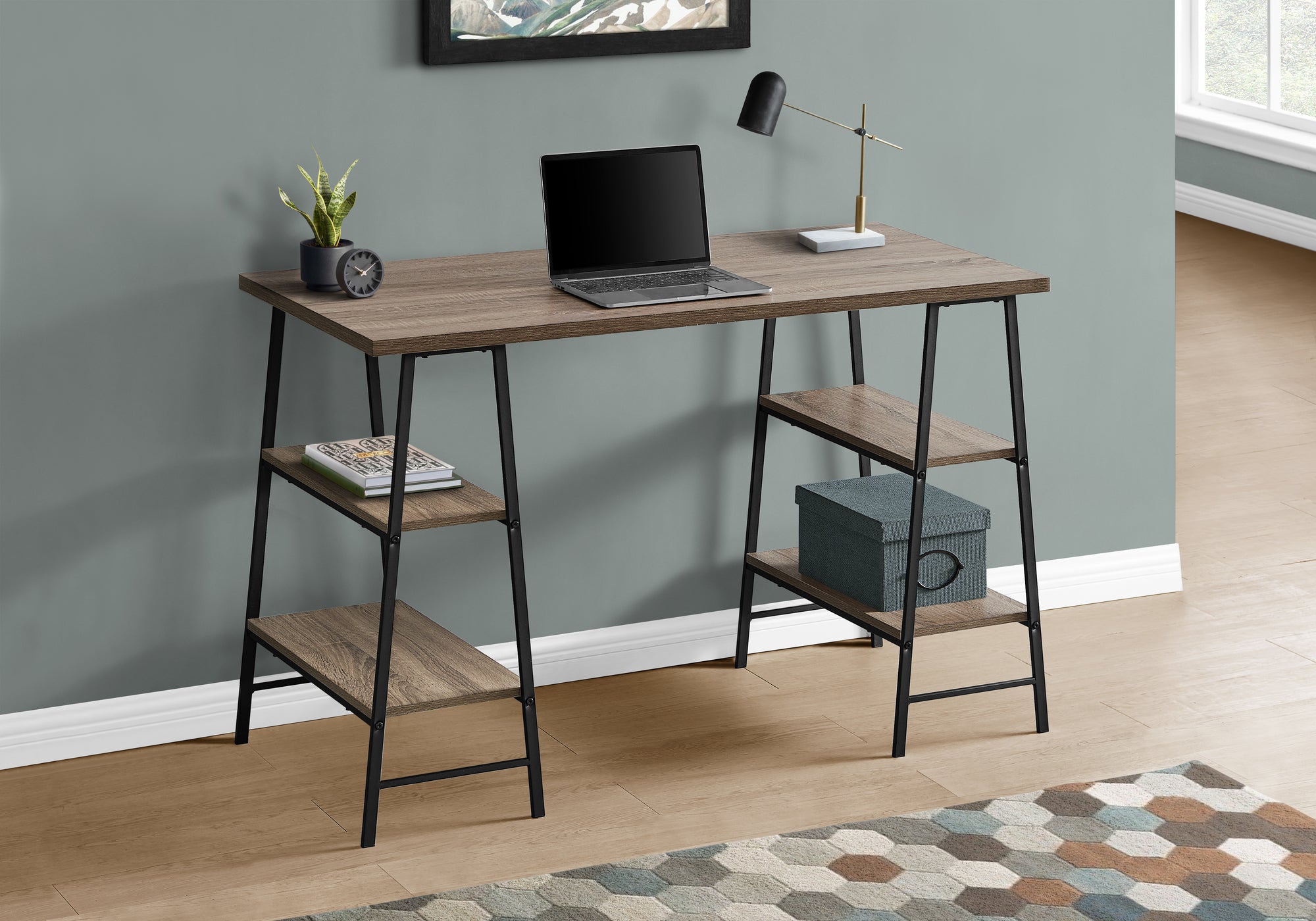 I 7523 Bureau, Bureau À Domicile, Ordinateur Portable, Étagères De Rangement, 48"l, Travail, Métal, Stratifié, Brun, Noir, Contemporain, Moderne - Simple Boutique
