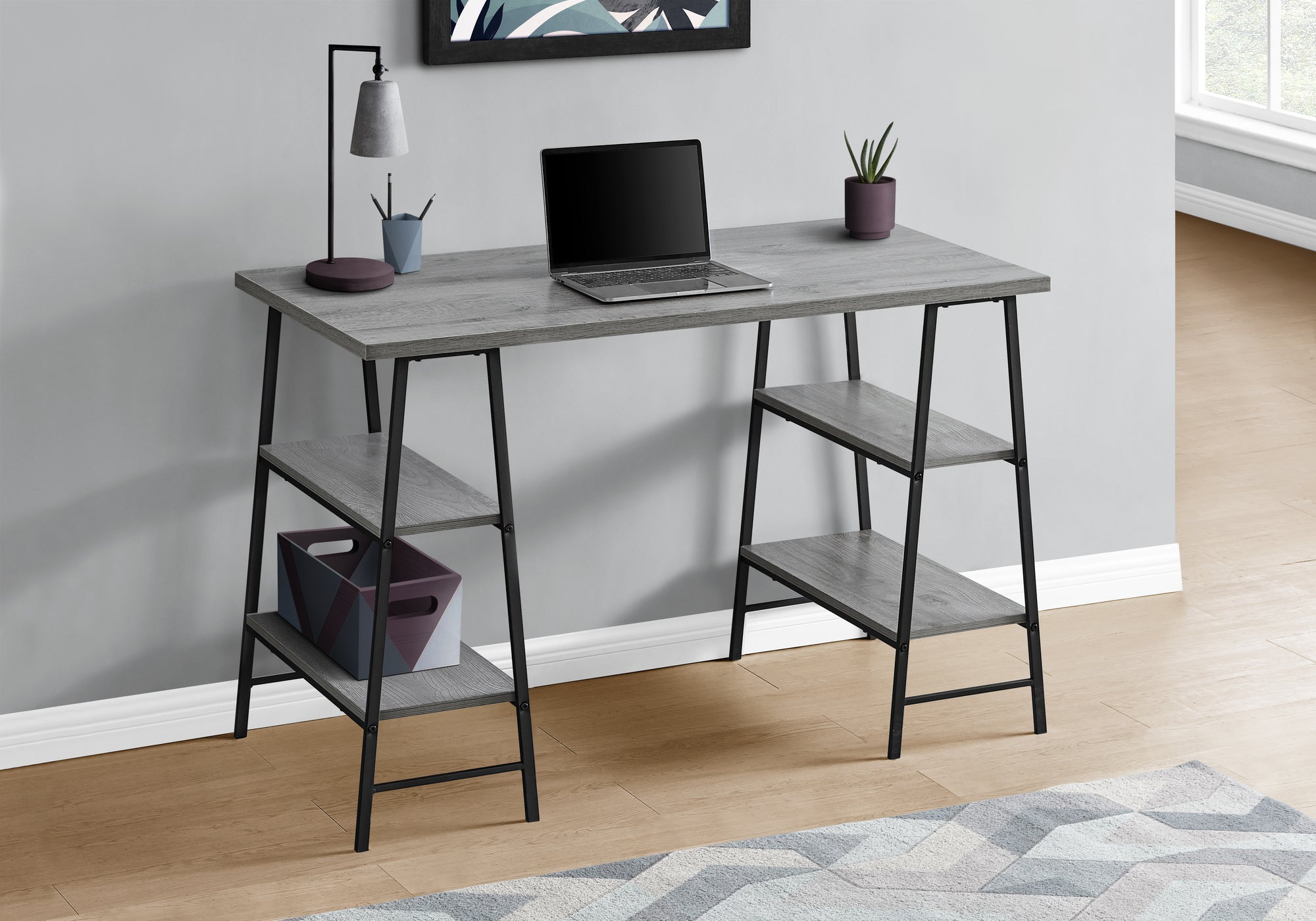 I 7524 Bureau, Bureau À Domicile, Ordinateur Portable, Étagères De Rangement, 48"l, Travail, Métal, Stratifié, Gris, Noir, Contemporain, Moderne - Simple Boutique