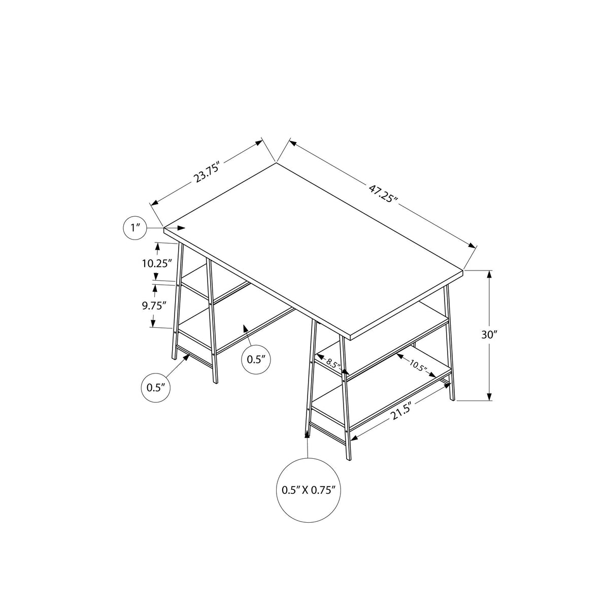 I 7526 Bureau, Bureau À Domicile, Ordinateur Portable, Étagères De Rangement, 48"l, Travail, Métal, Stratifié, Gris, Noir, Contemporain, Moderne - Simple Boutique