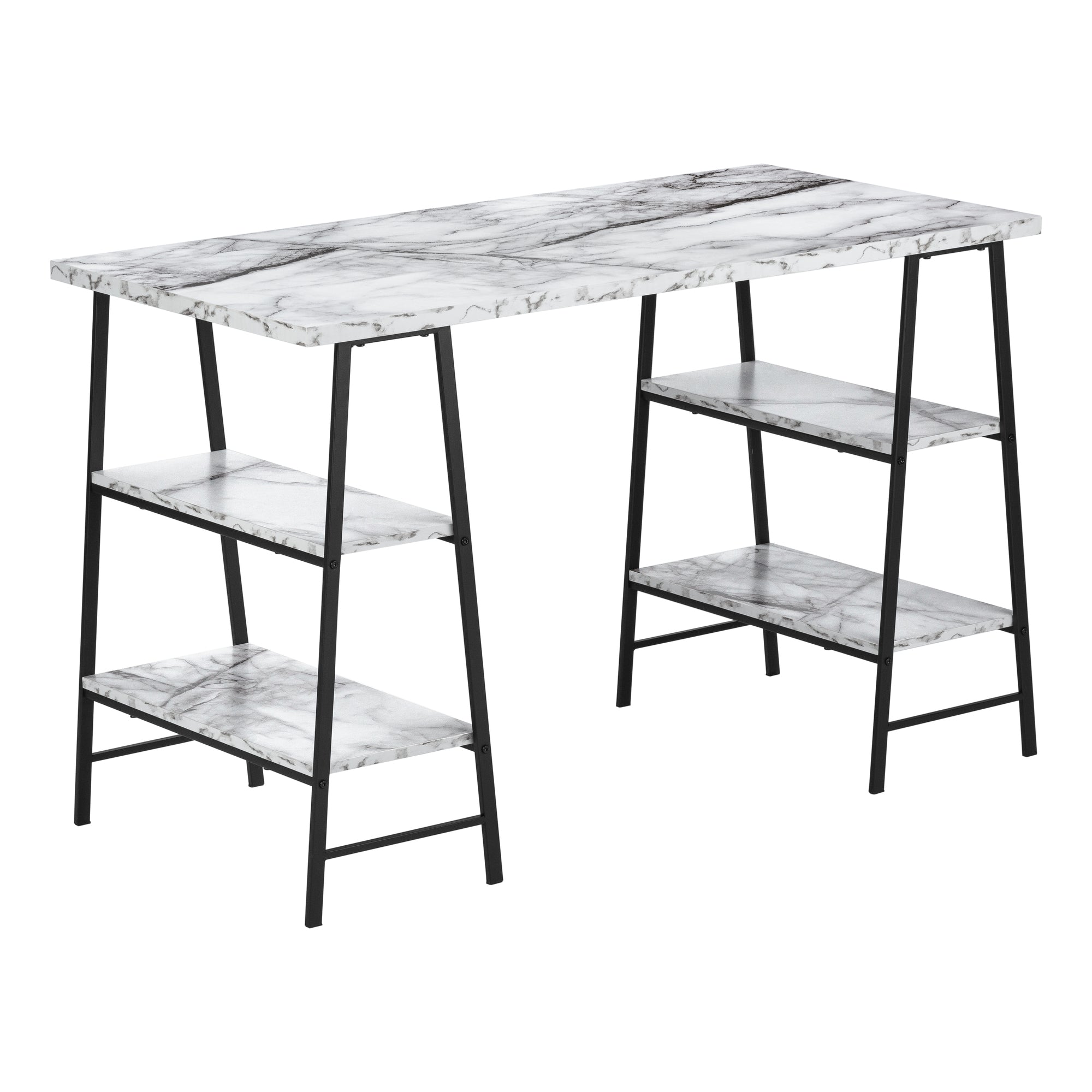 I 7527 Bureau, Bureau À Domicile, Ordinateur Portable, Étagères De Rangement, 48"l, Travail, Métal, Stratifié, Aspect Marbre Blanc, Noir, Contemporain, Moderne - Simple Boutique