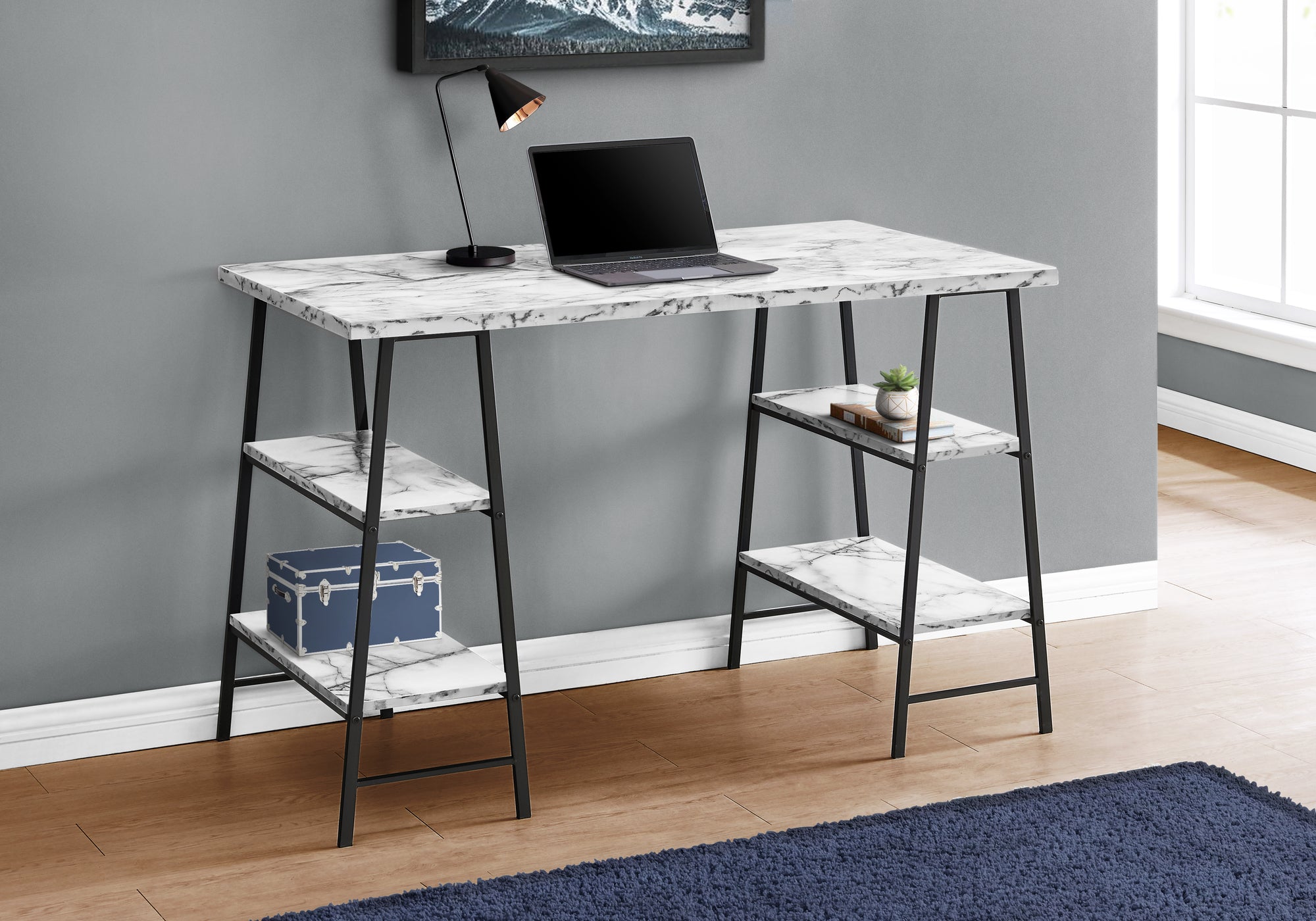 I 7527 Bureau, Bureau À Domicile, Ordinateur Portable, Étagères De Rangement, 48"l, Travail, Métal, Stratifié, Aspect Marbre Blanc, Noir, Contemporain, Moderne - Simple Boutique