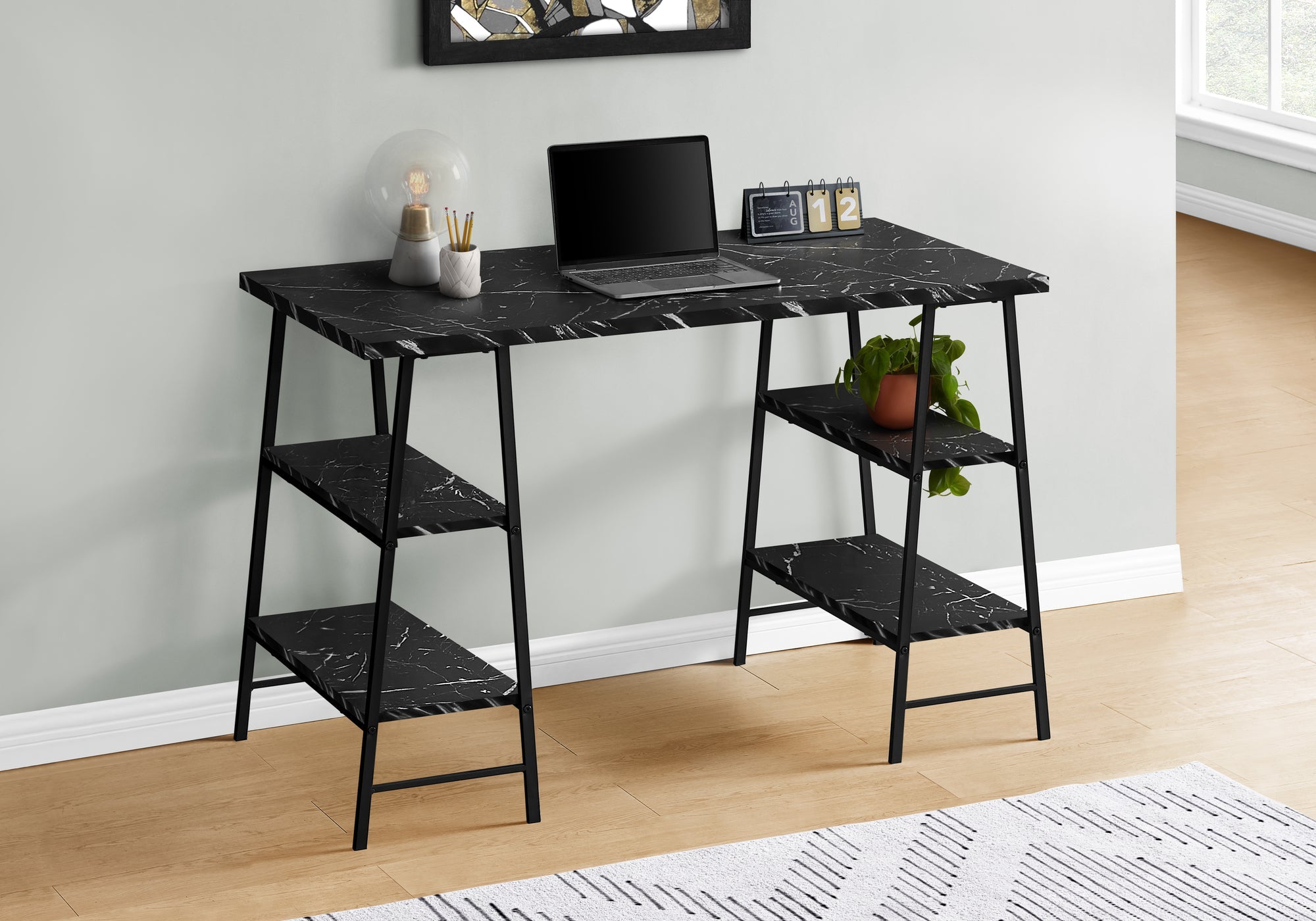 I 7528 Bureau, Bureau À Domicile, Ordinateur Portable, Étagères De Rangement, 48"l, Travail, Métal, Stratifié, D'aspect Marbre Noir, Contemporain, Moderne - Simple Boutique