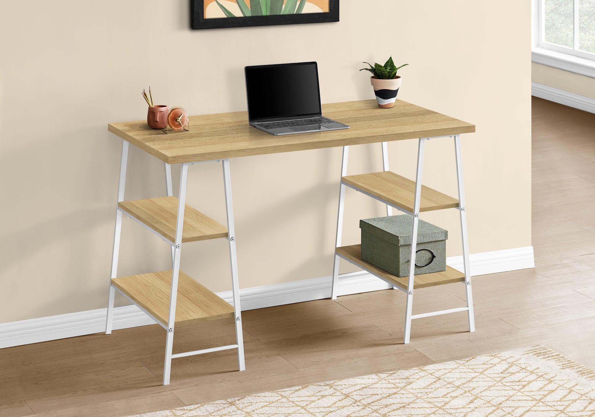 I 7529 Bureau, Bureau À Domicile, Ordinateur Portable, Étagères De Rangement, 48"l, Travail, Métal, Stratifié, Naturel, Blanc, Contemporain, Moderne - Simple Boutique