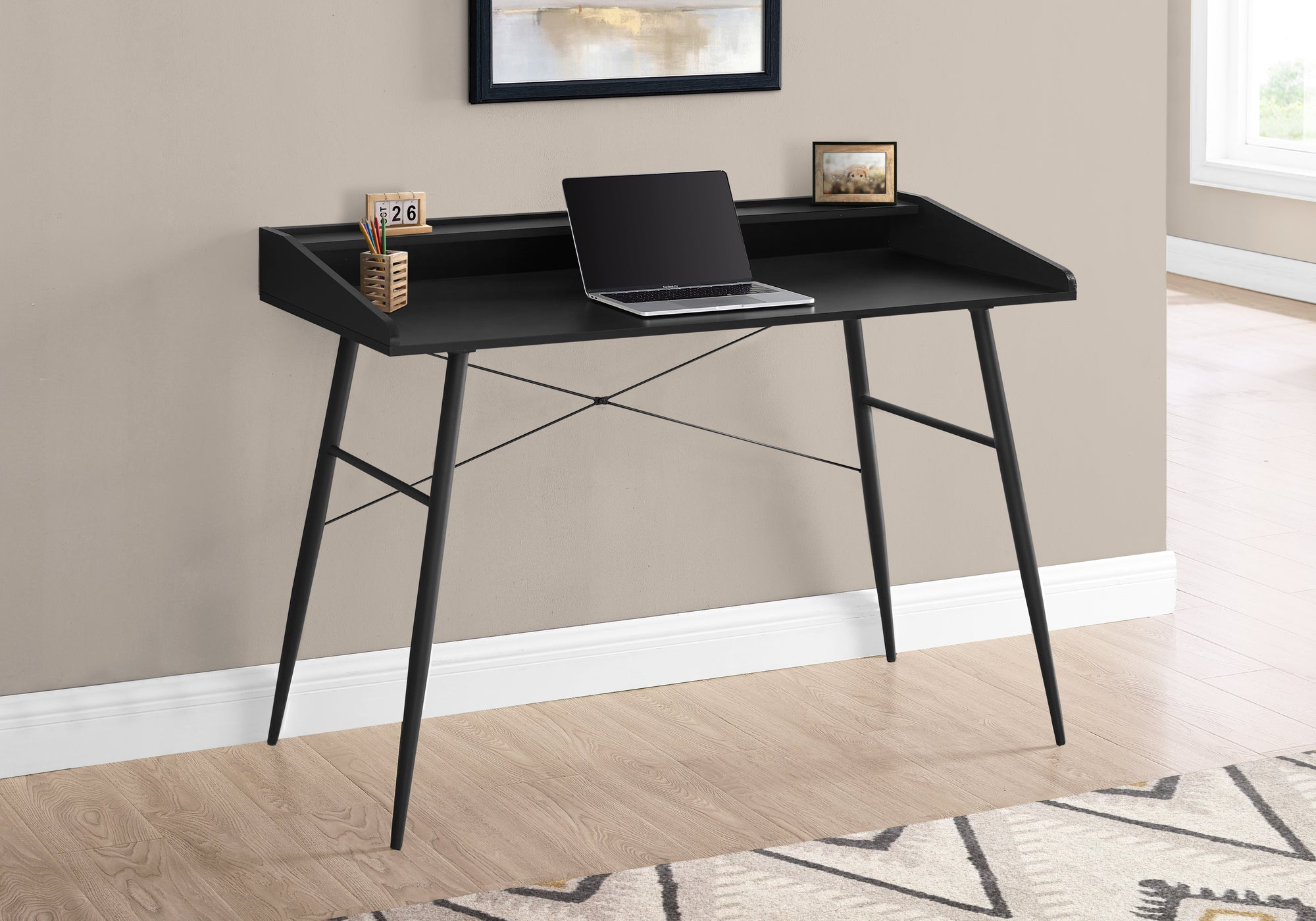 I 7537 Bureau, Bureau À Domicile, Ordinateur Portable, Étagères De Rangement, 48"l, Travail, Métal, Stratifié, Noir, Contemporain, Moderne - Simple Boutique