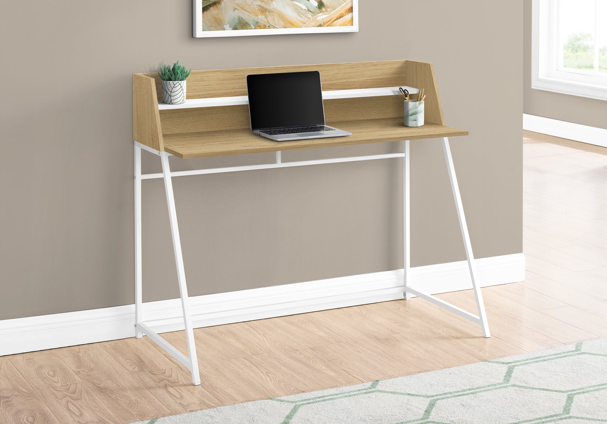 I 7543 Bureau, Bureau À Domicile, Ordinateur Portable, Étagères De Rangement, 48"l, Travail, Métal, Stratifié, Naturel, Blanc, Contemporain, Moderne - Simple Boutique