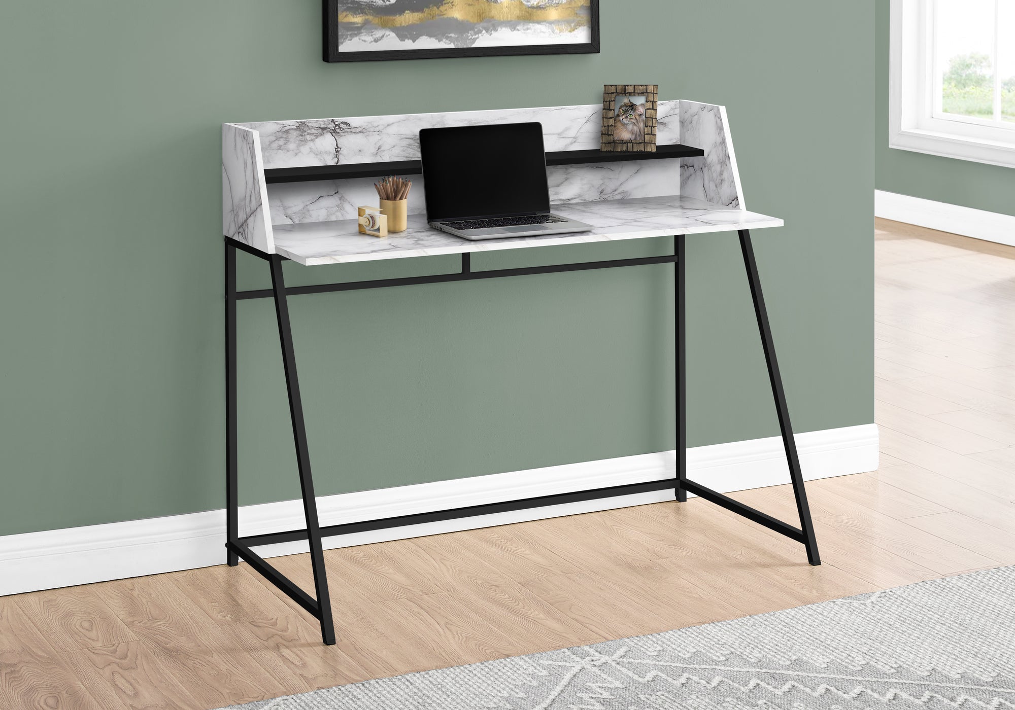I 7549 Bureau, Bureau À Domicile, Ordinateur Portable, Étagères De Rangement, 48"l, Travail, Métal, Stratifié, Aspect Marbre Blanc, Noir, Contemporain, Moderne - Simple Boutique