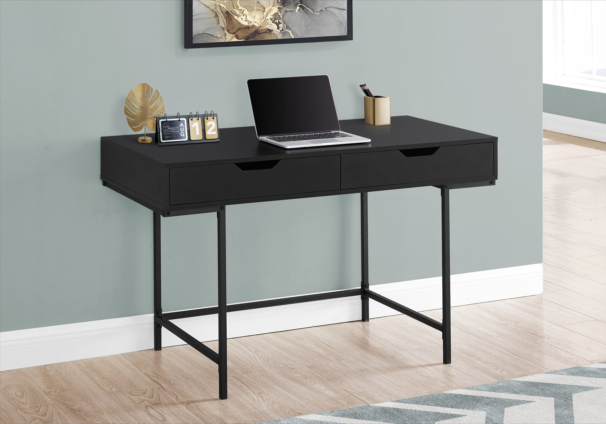 I 7556 Bureau, Bureau À Domicile, Ordinateur Portable, Tiroirs De Rangement, 48"l, Travail, Métal, Stratifié, Noir, Contemporain, Moderne - Simple Boutique