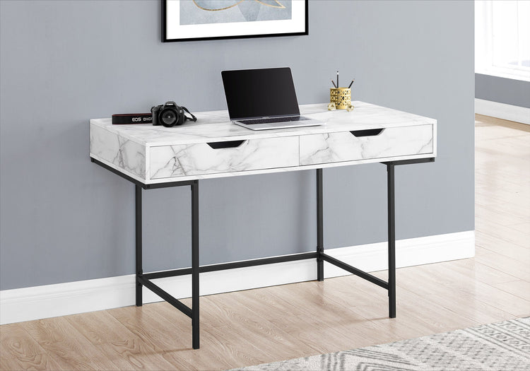 I 7558 Bureau, Bureau À Domicile, Ordinateur Portable, Tiroirs De Rangement, 48"l, Travail, Métal, Stratifié, Aspect Marbre Blanc, Noir, Contemporain, Moderne - Simple Boutique