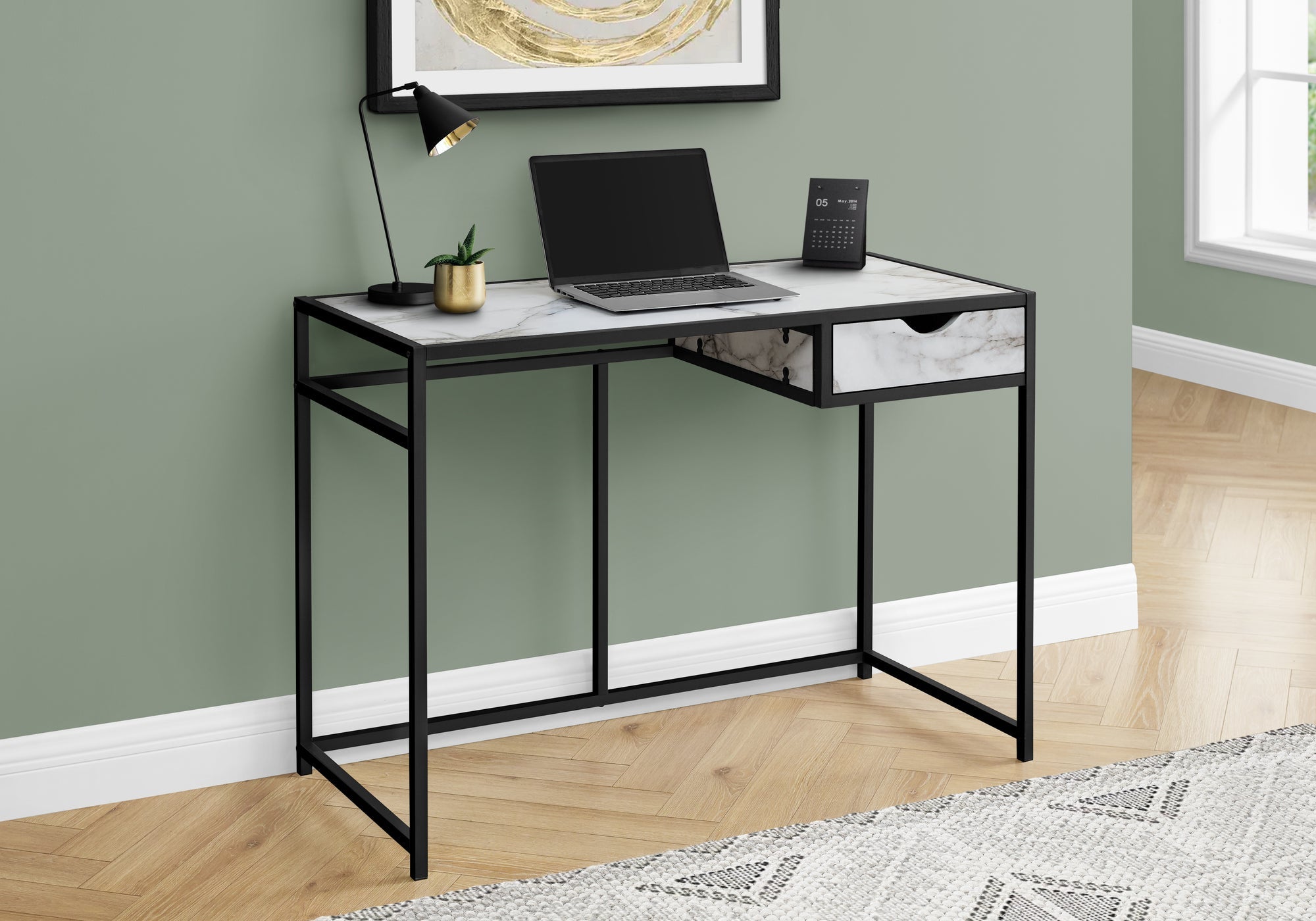 I 7571 Bureau, Bureau À Domicile, Ordinateur Portable, Tiroir De Rangement, 42"l, Travail, Métal, Stratifié, Aspect Marbre Blanc, Noir, Contemporain, Moderne - Simple Boutique