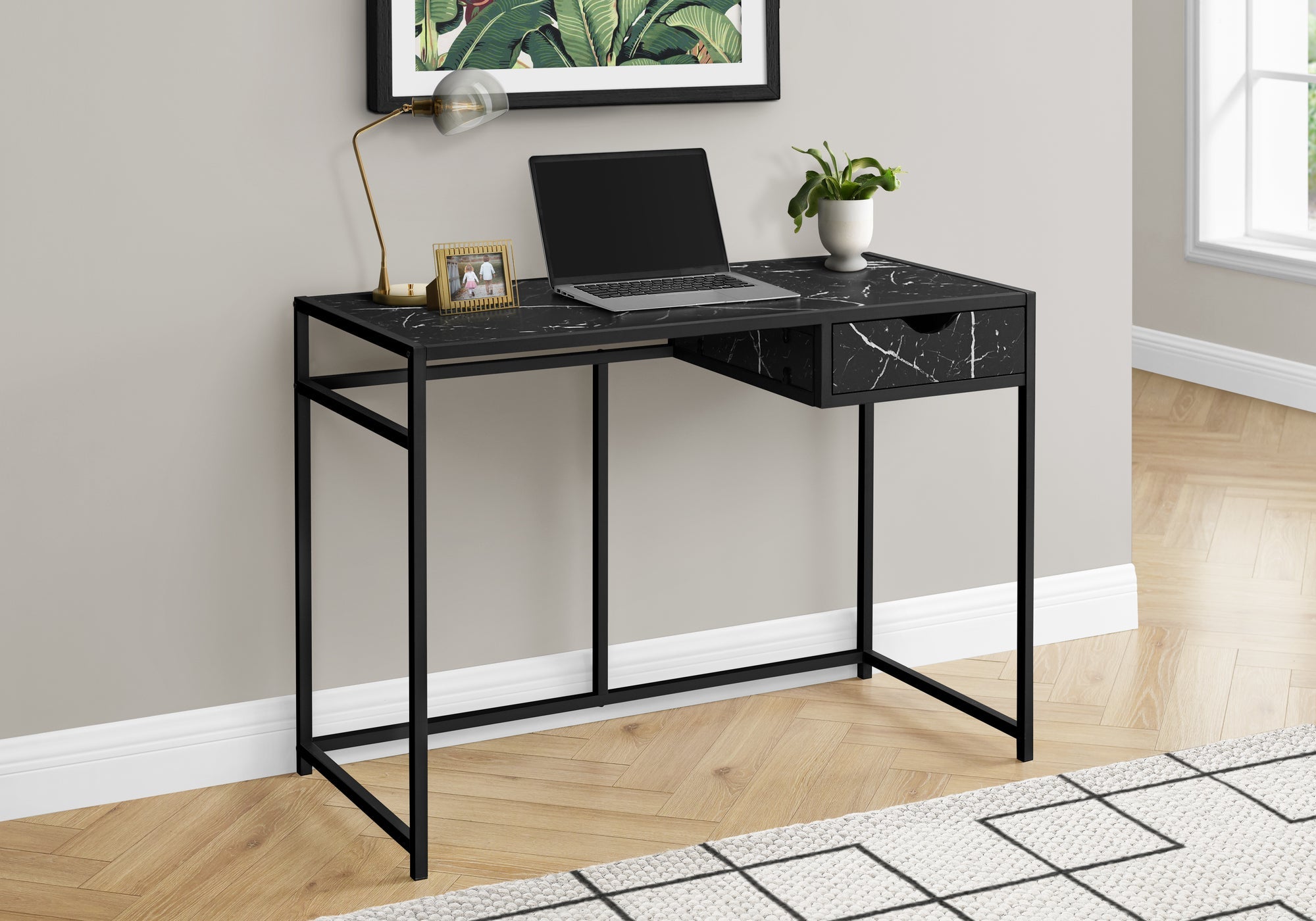 I 7572 Bureau, Bureau À Domicile, Ordinateur Portable, Tiroir De Rangement, 42"l, Travail, Métal, Stratifié, D'aspect Marbre Noir, Contemporain, Moderne - Simple Boutique