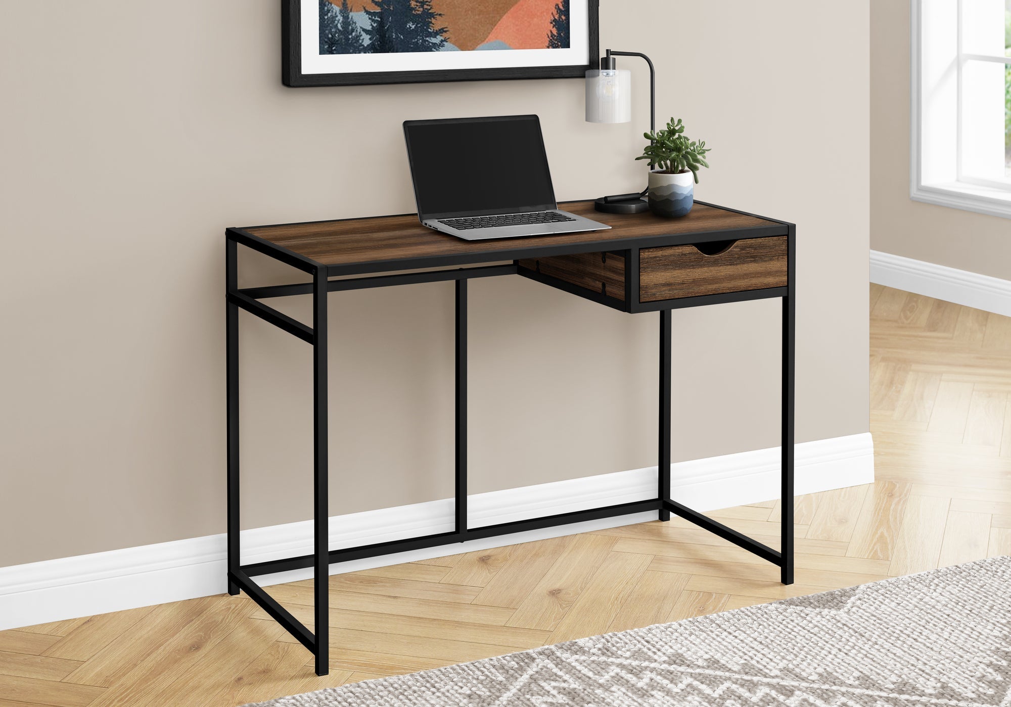 I 7574 Bureau, Bureau À Domicile, Ordinateur Portable, Tiroir De Rangement, 42"l, Travail, Métal, Stratifié, Brun, Noir, Contemporain, Moderne - Simple Boutique