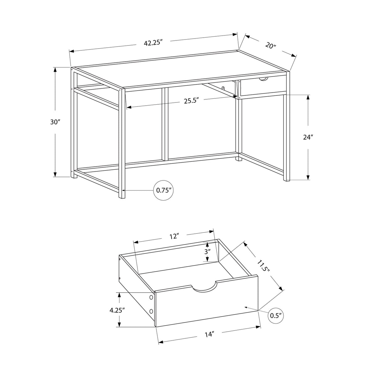 I 7575 Bureau, Bureau À Domicile, Ordinateur Portable, Tiroir De Rangement, 42"l, Travail, Métal, Stratifié, Naturel, Blanc, Contemporain, Moderne - Simple Boutique