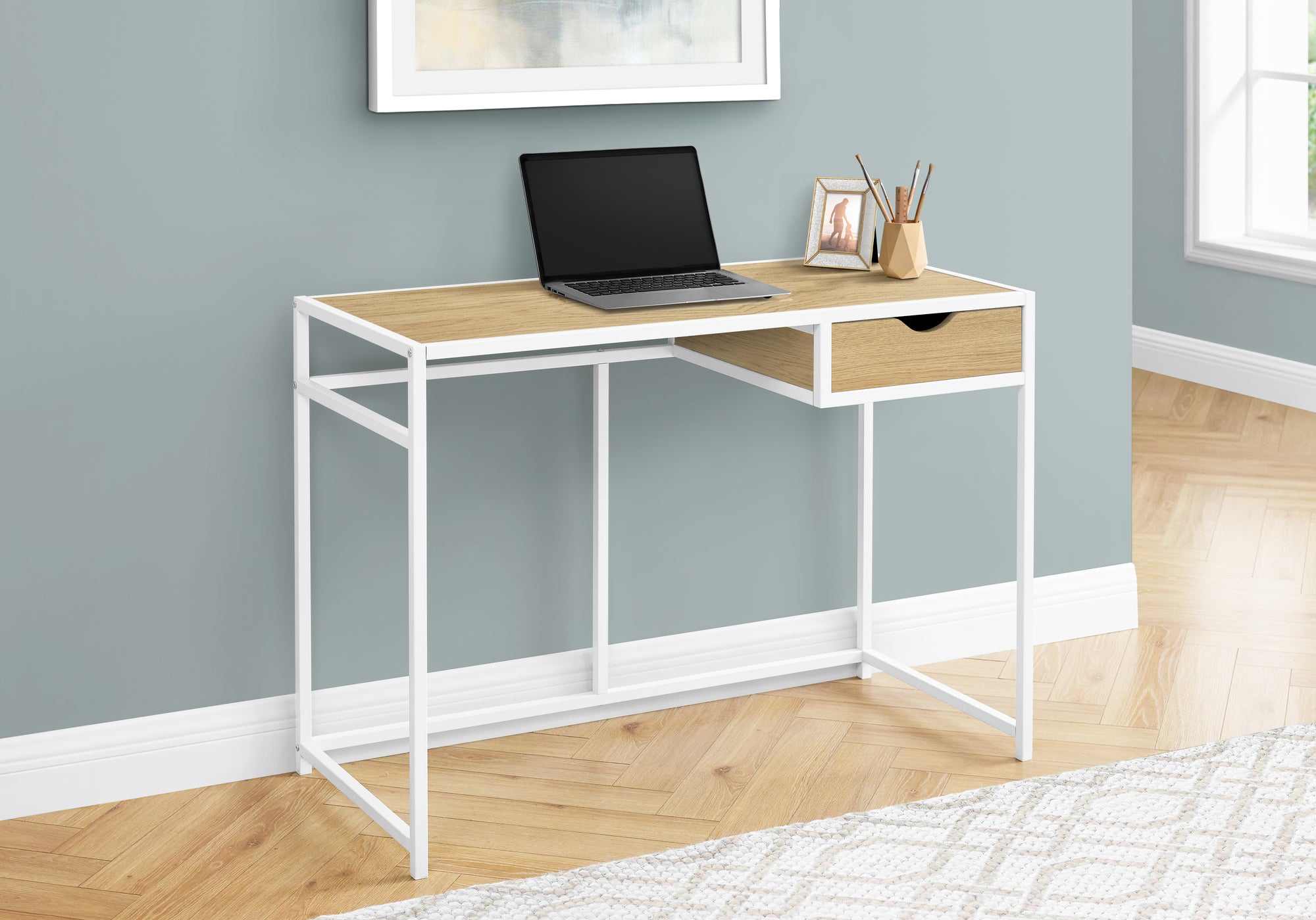 I 7575 Bureau, Bureau À Domicile, Ordinateur Portable, Tiroir De Rangement, 42"l, Travail, Métal, Stratifié, Naturel, Blanc, Contemporain, Moderne - Simple Boutique