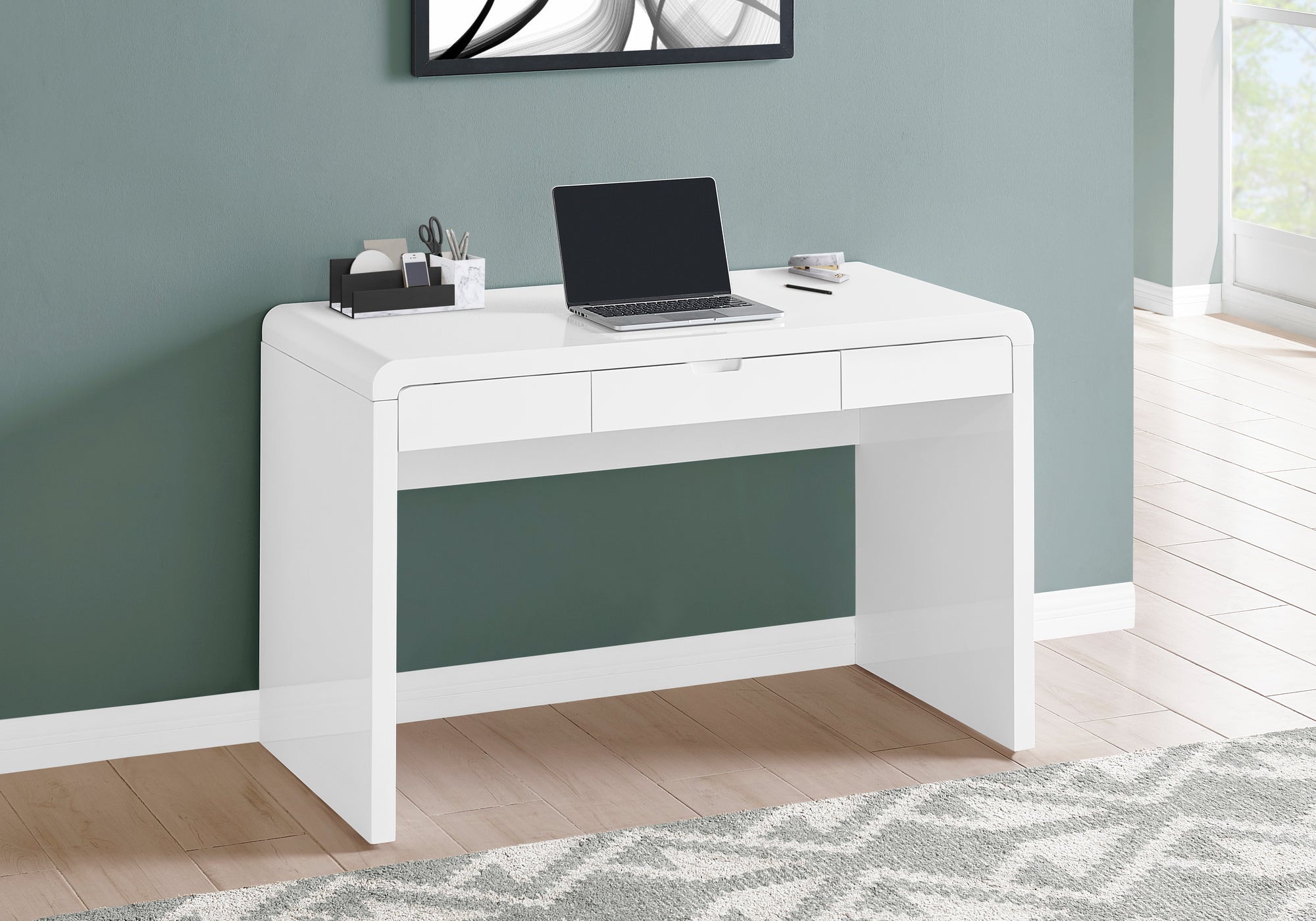 I 7580 Bureau, Bureau À Domicile, Ordinateur Portable, Tiroirs De Rangement, 48"l, Travail, Stratifié, Blanc Lustré, Contemporain, Moderne - Simple Boutique