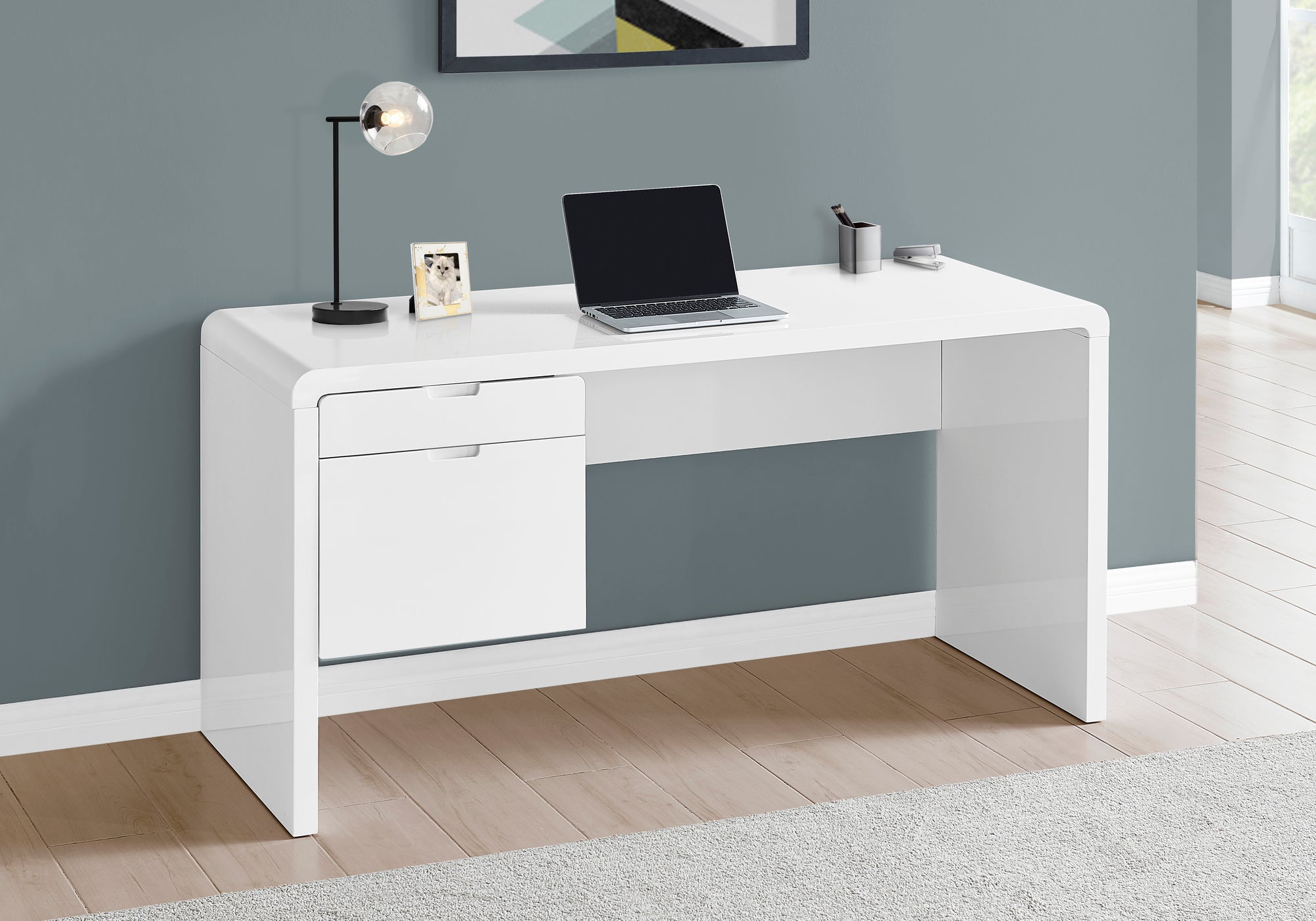 I 7581 Bureau, Bureau À Domicile, Ordinateur Portable, Configuration Gauche, Droite, Tiroirs De Rangement, 60"l, Travail, Stratifié, Blanc Lustré, Contemporain, Moderne - Simple Boutique