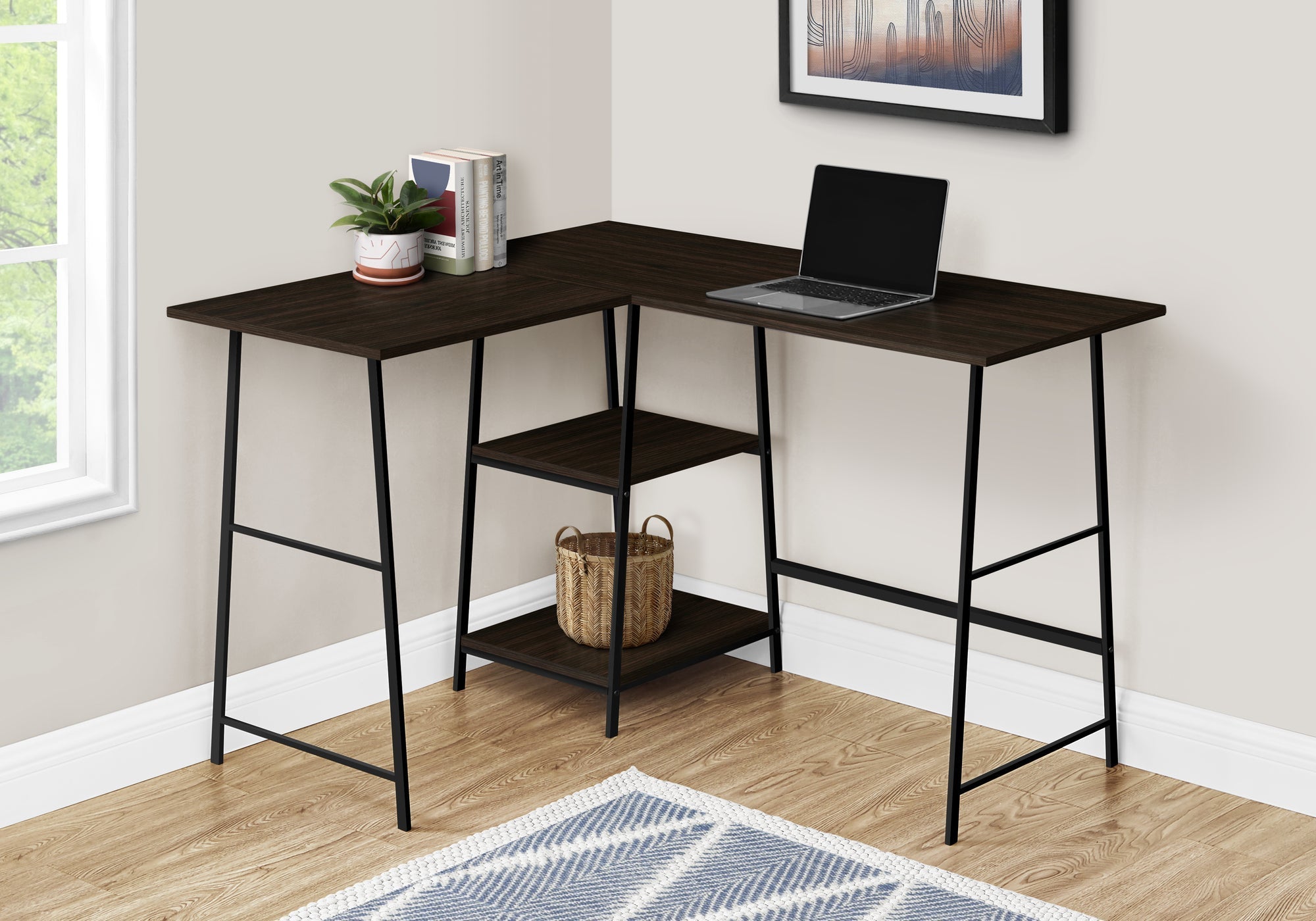 I 7590 Bureau, Bureau À Domicile, Coin, Étagères De Rangement, 48"l, Forme De L, Travail, Ordinateur Portable, Métal, Stratifié, Brun, Noir, Contemporain, Moderne - Simple Boutique
