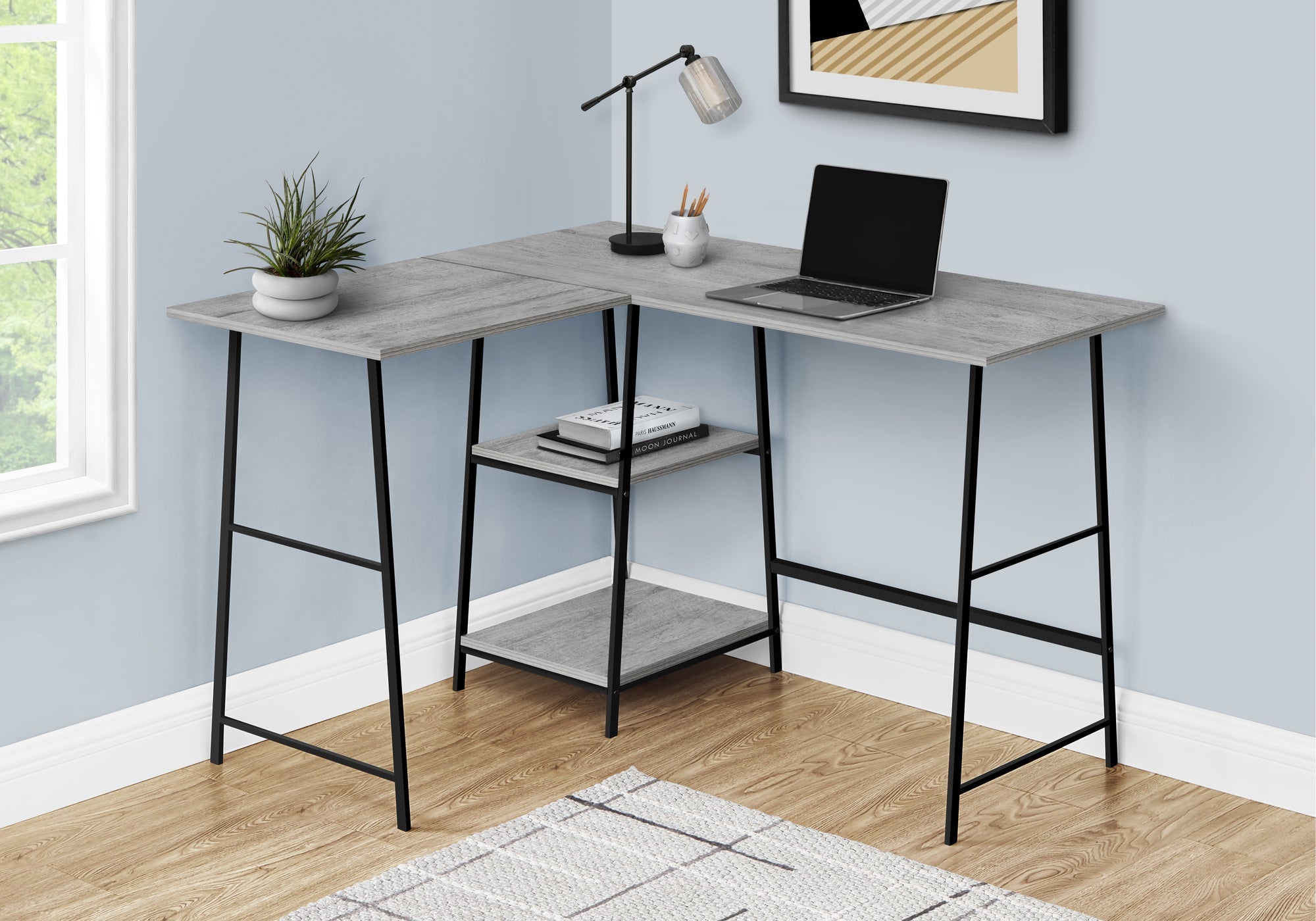 I 7591 Bureau, Bureau À Domicile, Coin, Étagères De Rangement, 48"l, Forme De L, Travail, Ordinateur Portable, Métal, Stratifié, Gris, Noir, Contemporain, Moderne - Simple Boutique