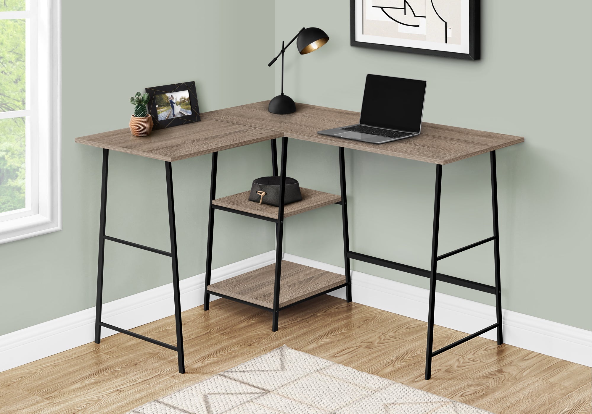 I 7592 Bureau, Bureau À Domicile, Coin, Étagères De Rangement, 48"l, Forme De L, Travail, Ordinateur Portable, Métal, Stratifié, Brun, Noir, Contemporain, Moderne - Simple Boutique
