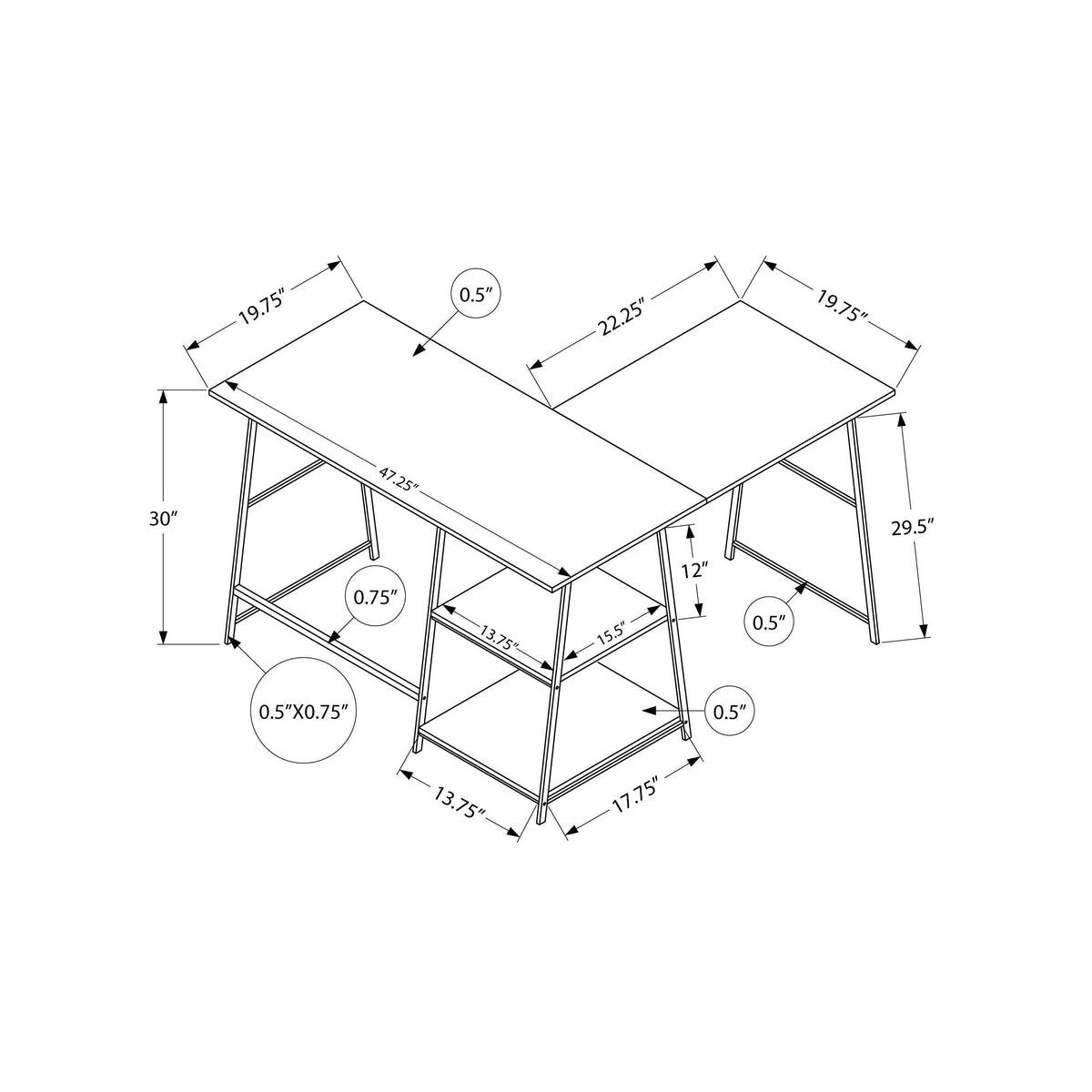I 7593 Bureau, Bureau À Domicile, Coin, Étagères De Rangement, 48"l, Forme De L, Travail, Ordinateur Portable, Métal, Stratifié, Brun, Noir, Contemporain, Moderne - Simple Boutique