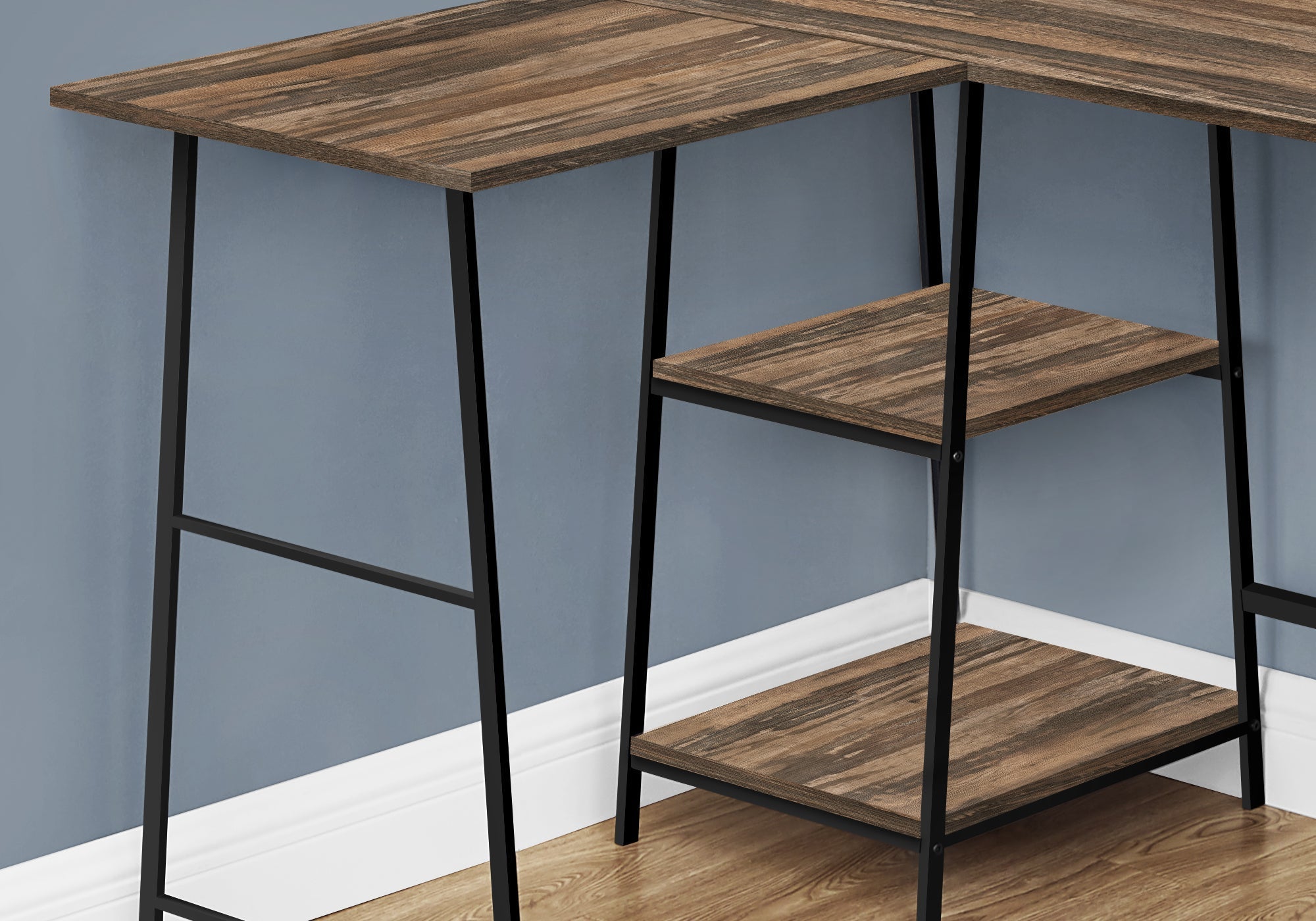 I 7593 Bureau, Bureau À Domicile, Coin, Étagères De Rangement, 48"l, Forme De L, Travail, Ordinateur Portable, Métal, Stratifié, Brun, Noir, Contemporain, Moderne - Simple Boutique