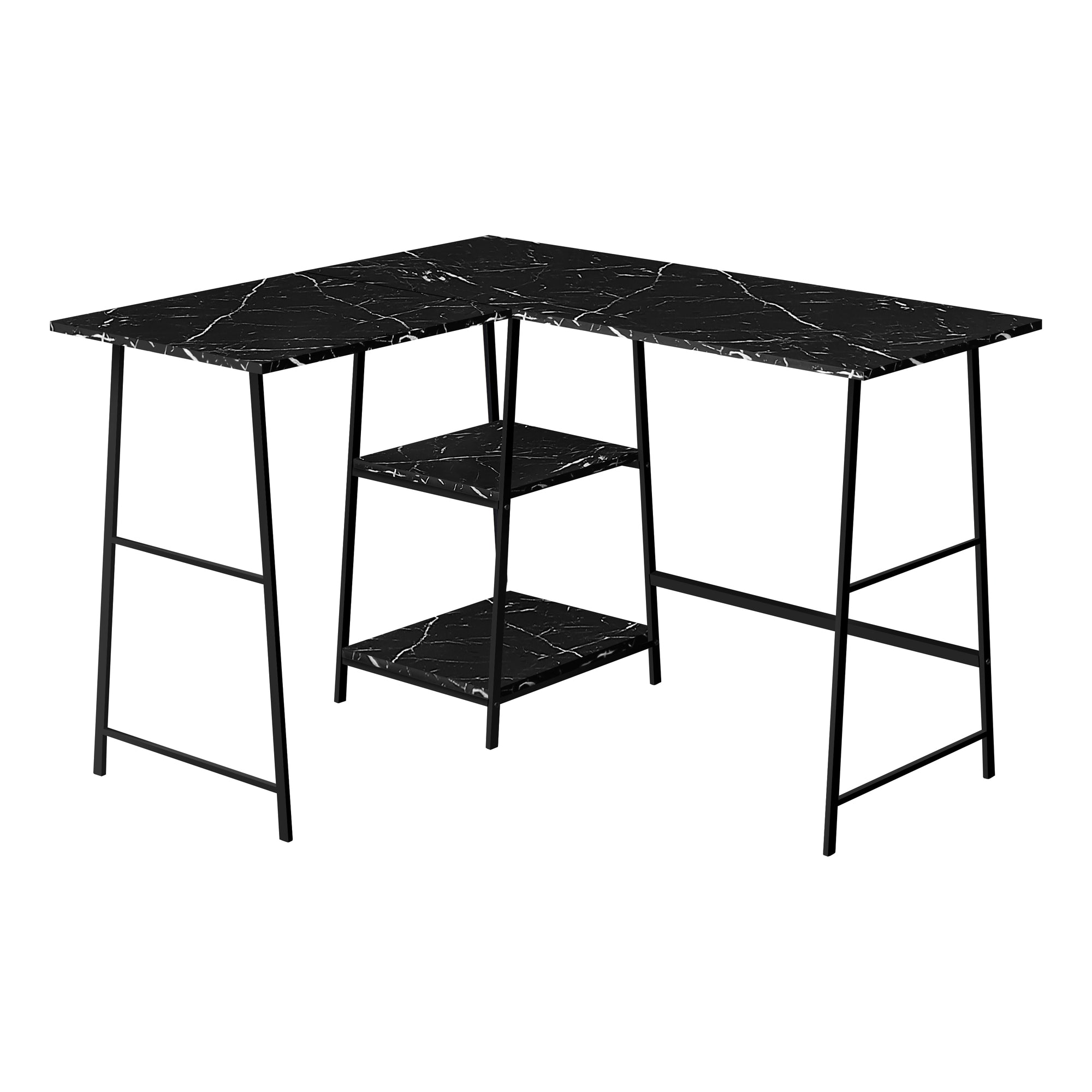 I 7594 Bureau, Bureau À Domicile, Coin, Étagères De Rangement, 48"l, Forme De L, Travail, Ordinateur Portable, Métal, Stratifié, D'aspect Marbre Noir, Contemporain, Moderne - Simple Boutique