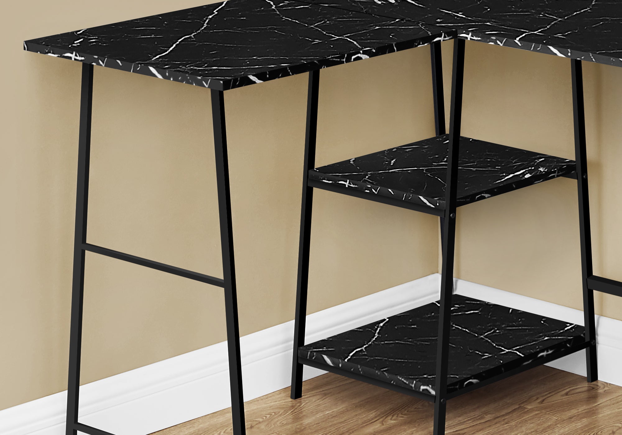 I 7594 Bureau, Bureau À Domicile, Coin, Étagères De Rangement, 48"l, Forme De L, Travail, Ordinateur Portable, Métal, Stratifié, D'aspect Marbre Noir, Contemporain, Moderne - Simple Boutique
