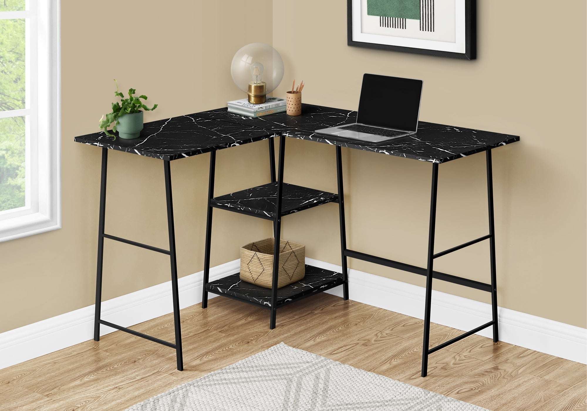 I 7594 Bureau, Bureau À Domicile, Coin, Étagères De Rangement, 48"l, Forme De L, Travail, Ordinateur Portable, Métal, Stratifié, D'aspect Marbre Noir, Contemporain, Moderne - Simple Boutique