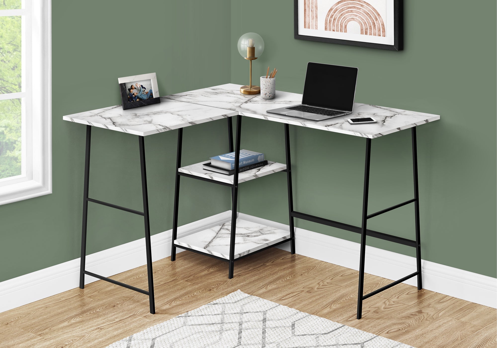 I 7595 Bureau, Bureau À Domicile, Coin, Étagères De Rangement, 48"l, Forme De L, Travail, Ordinateur Portable, Métal, Stratifié, Aspect Marbre Blanc, Noir, Contemporain, Moderne - Simple Boutique