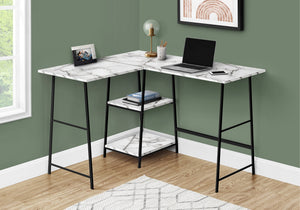 I 7595 Bureau, Bureau À Domicile, Coin, Étagères De Rangement, 48"l, Forme De L, Travail, Ordinateur Portable, Métal, Stratifié, Aspect Marbre Blanc, Noir, Contemporain, Moderne - Simple Boutique