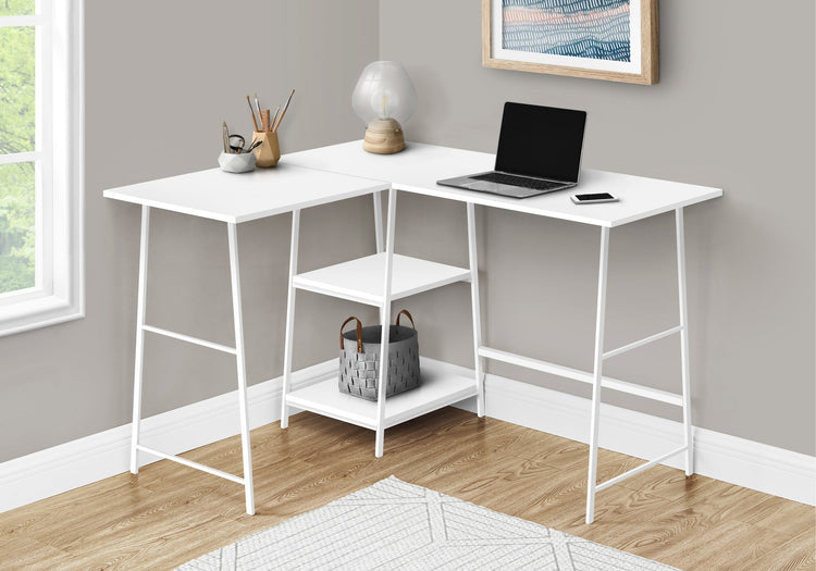 I 7596 Bureau, Bureau À Domicile, Coin, Étagères De Rangement, 48"l, Forme De L, Travail, Ordinateur Portable, Métal, Stratifié, Blanc, Contemporain, Moderne - Simple Boutique