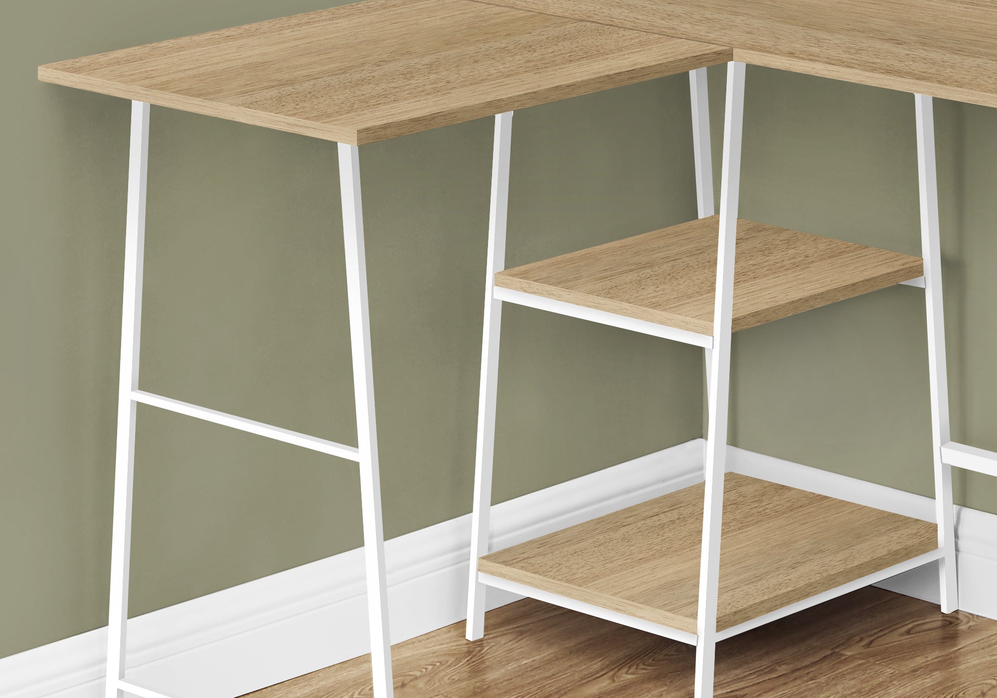 I 7597 Bureau, Bureau À Domicile, Coin, Étagères De Rangement, 48"l, Forme De L, Travail, Ordinateur Portable, Métal, Stratifié, Naturel, Blanc, Contemporain, Moderne - Simple Boutique