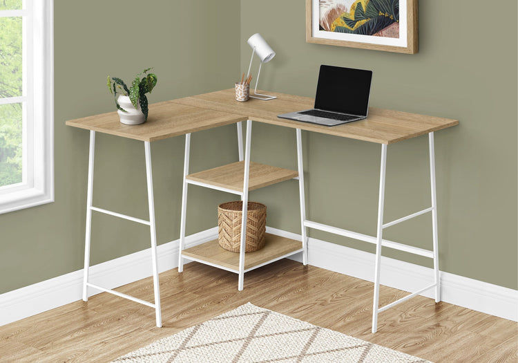 I 7597 Bureau, Bureau À Domicile, Coin, Étagères De Rangement, 48"l, Forme De L, Travail, Ordinateur Portable, Métal, Stratifié, Naturel, Blanc, Contemporain, Moderne - Simple Boutique