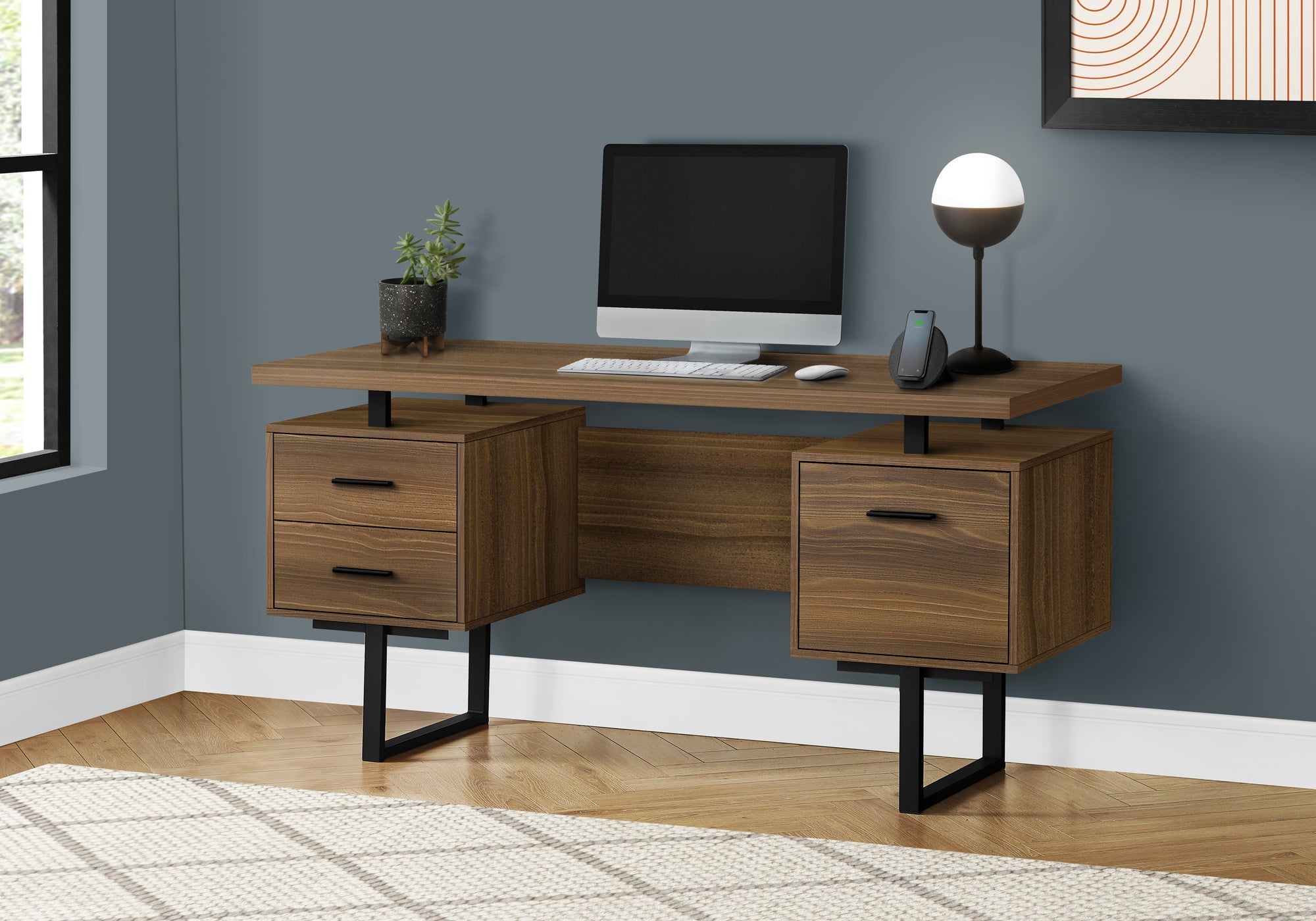 I 7625 Bureau, Bureau À Domicile, Ordinateur Portable, Configuration Gauche, Droite, Tiroirs De Rangement, 60"l, Travail, Métal, Stratifié, Noyer, Noir, Contemporain, Moderne - Simple Boutique