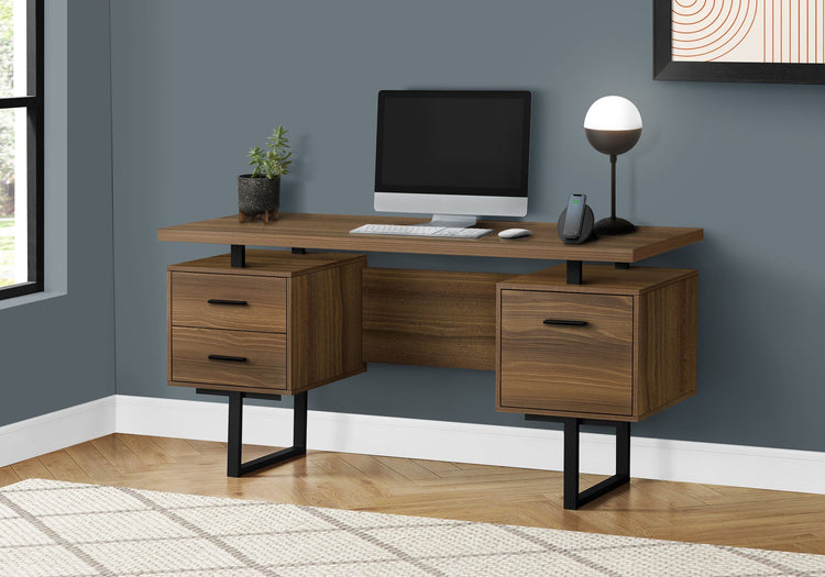 I 7625 Bureau, Bureau À Domicile, Ordinateur Portable, Configuration Gauche, Droite, Tiroirs De Rangement, 60"l, Travail, Métal, Stratifié, Noyer, Noir, Contemporain, Moderne - Simple Boutique
