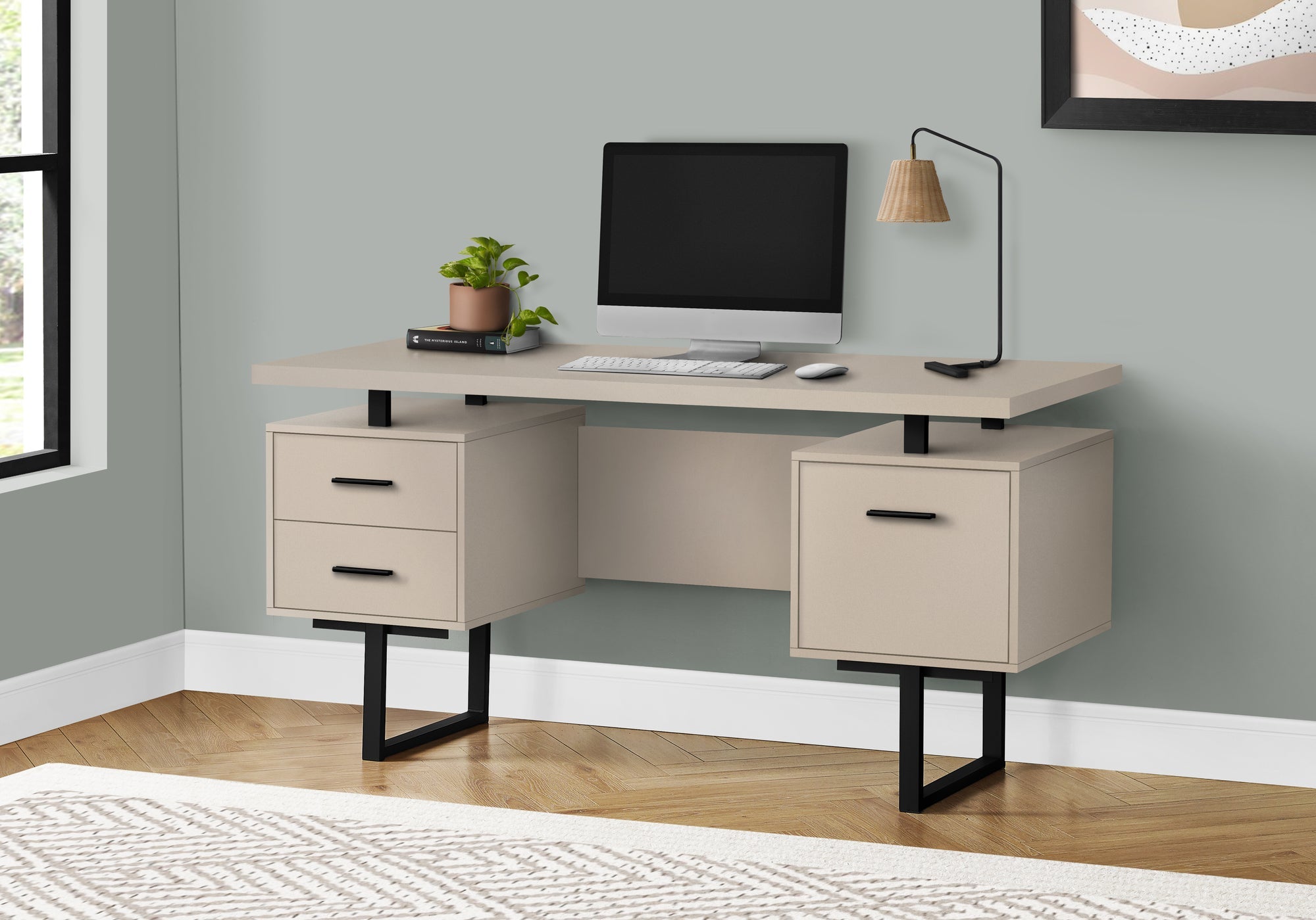 I 7629 Bureau, Bureau À Domicile, Ordinateur Portable, Configuration Gauche, Droite, Tiroirs De Rangement, 60"l, Travail, Métal, Stratifié, Beige, Noir, Contemporain, Moderne - Simple Boutique