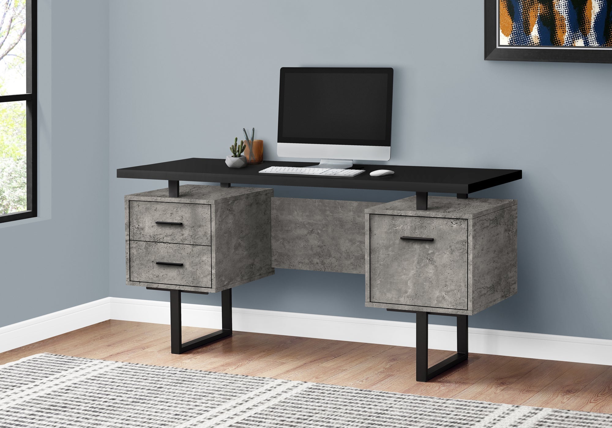I 7632 Bureau, Bureau À Domicile, Ordinateur Portable, Configuration Gauche, Droite, Tiroirs De Rangement, 60"l, Travail, Métal, Stratifié, Gris, Noir, Contemporain, Moderne - Simple Boutique