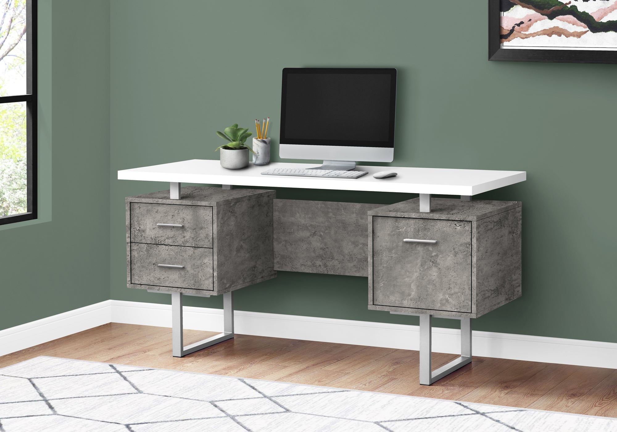 I 7633 Bureau, Bureau À Domicile, Ordinateur Portable, Configuration Gauche, Droite, Tiroirs De Rangement, 60"l, Travail, Métal, Stratifié, Gris, Blanc, Contemporain, Moderne - Simple Boutique