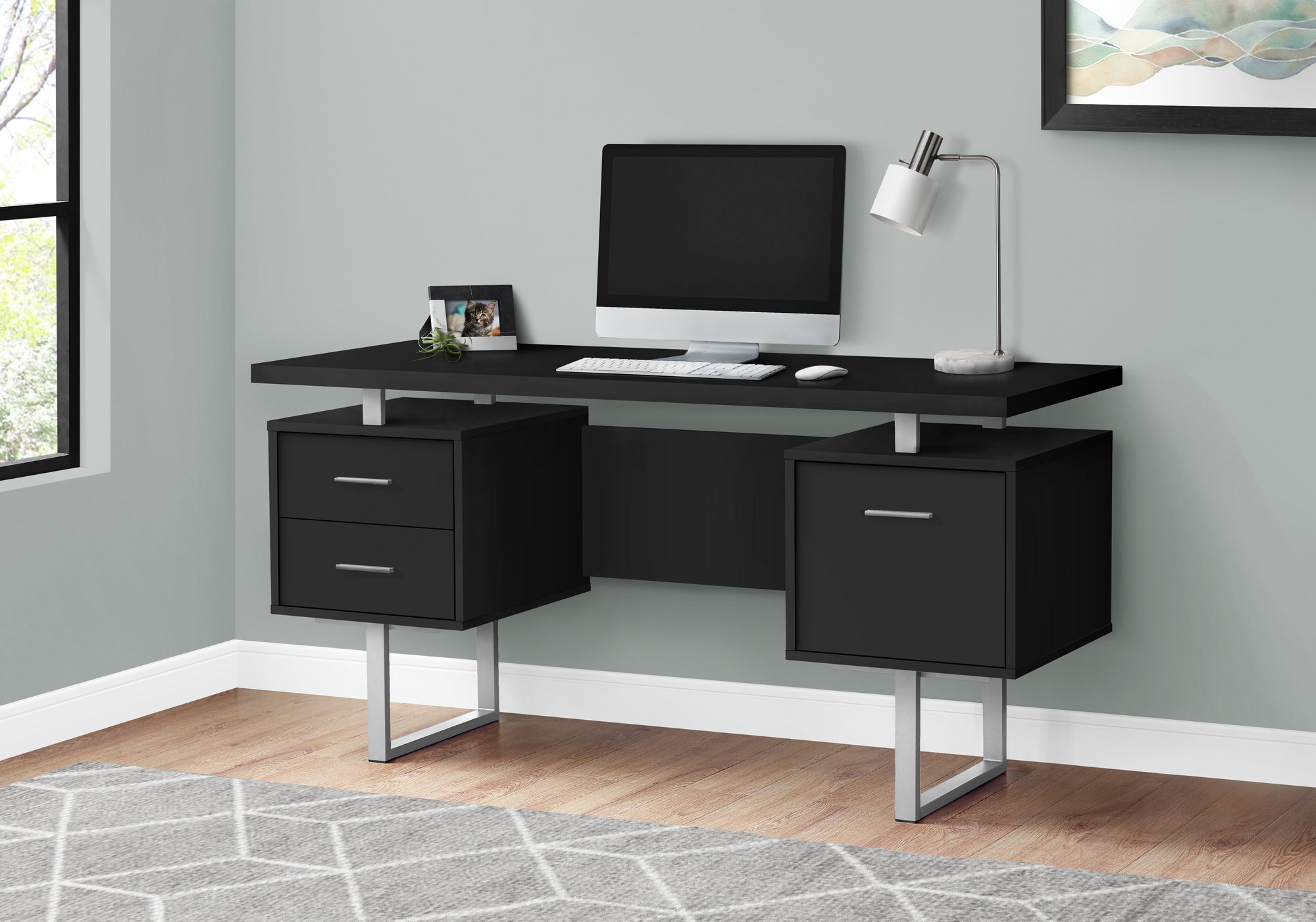 I 7634 Bureau, Bureau À Domicile, Ordinateur Portable, Configuration Gauche, Droite, Tiroirs De Rangement, 60"l, Travail, Métal, Stratifié, Noir, Gris, Contemporain, Moderne - Simple Boutique