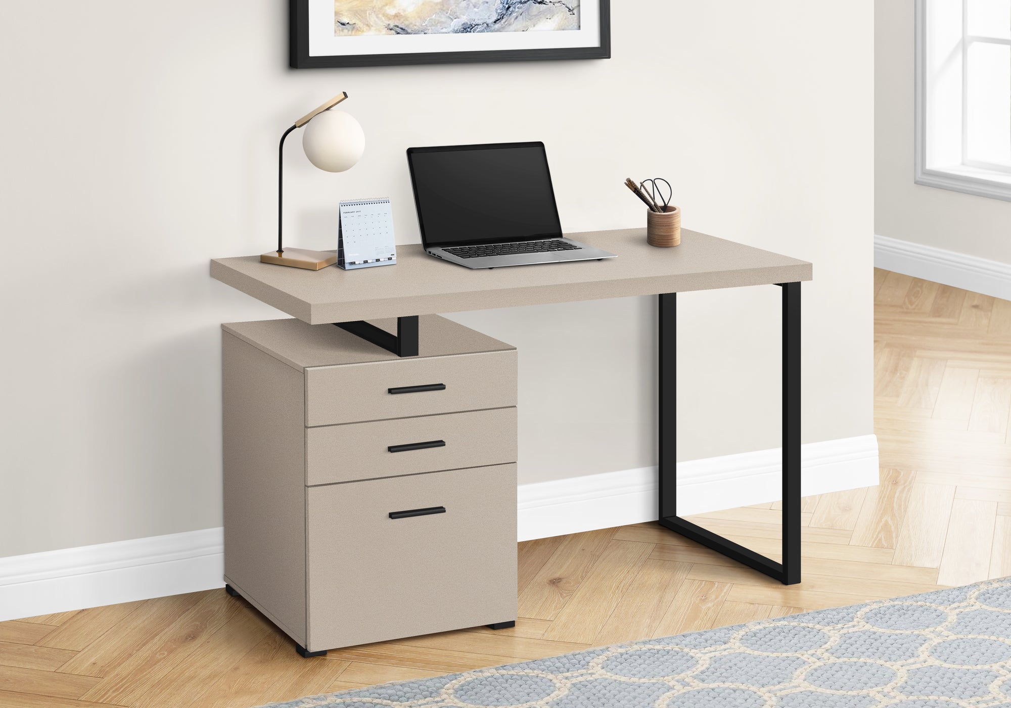 I 7644 Bureau, Bureau À Domicile, Ordinateur Portable, Configuration Gauche, Droite, Tiroirs De Rangement, 48"l, Travail, Métal, Stratifié, Beige, Noir, Contemporain, Moderne - Simple Boutique